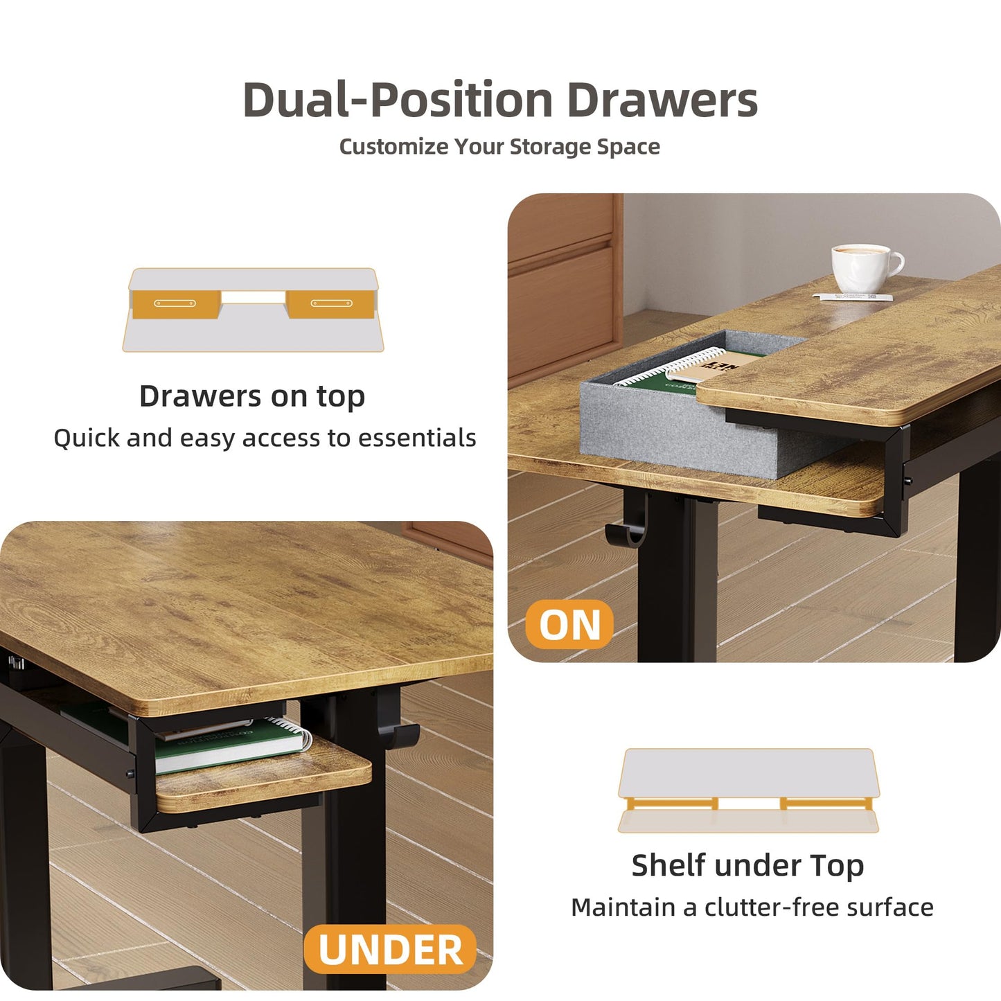 Seang Electric Standing Desk with 2 Drawers, Adjustable Standing Desk with Storage Shelf, Height Adjustable Stand up Desk for Home Office with 3 Presets & 2 Hooks, 55 Inch, Rustic Brown