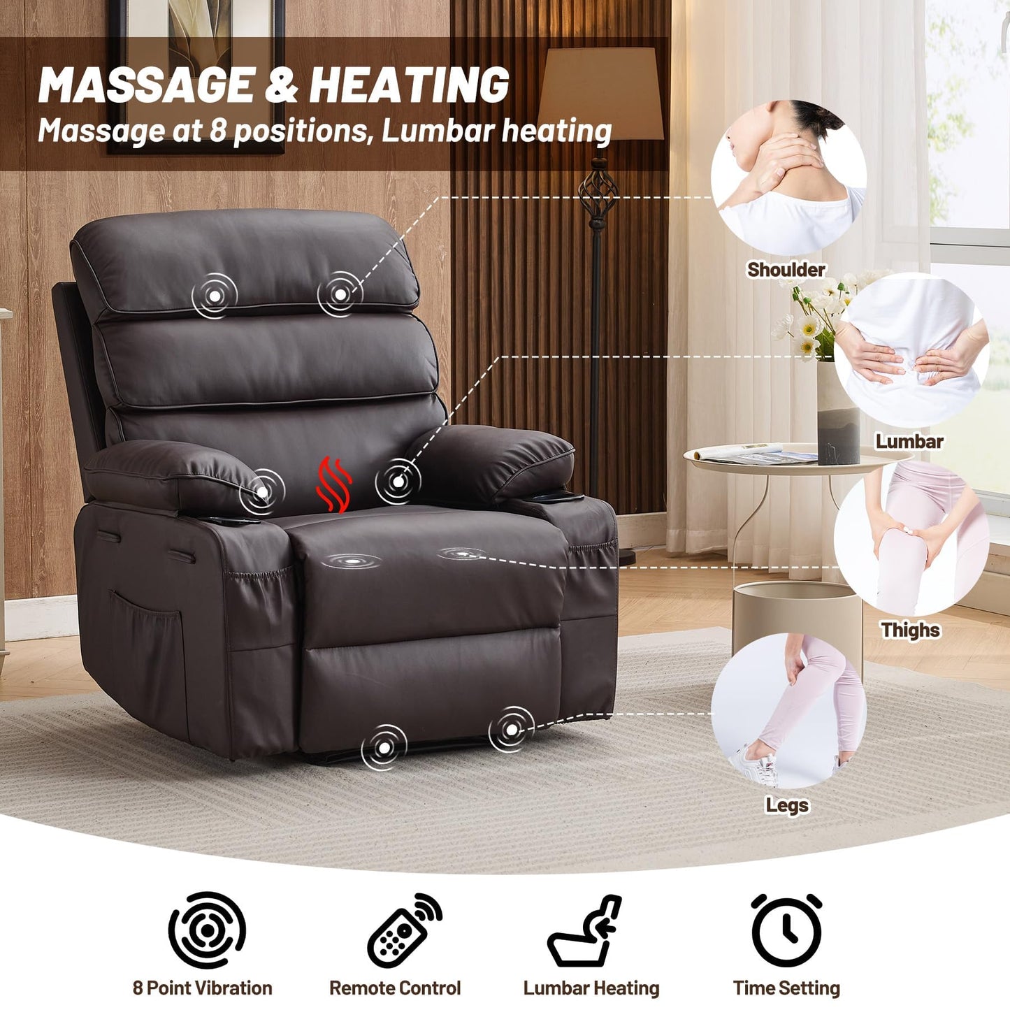 Garvee PU Leather Manual Recliner Chair with Massage and Heat, 27" Extra Wide Seat, 400 lbs Capacity, Thickened Sponge Armrests and Back, Cup Holders & Side Pocket, Living Room or Bedroom, Dark Brown