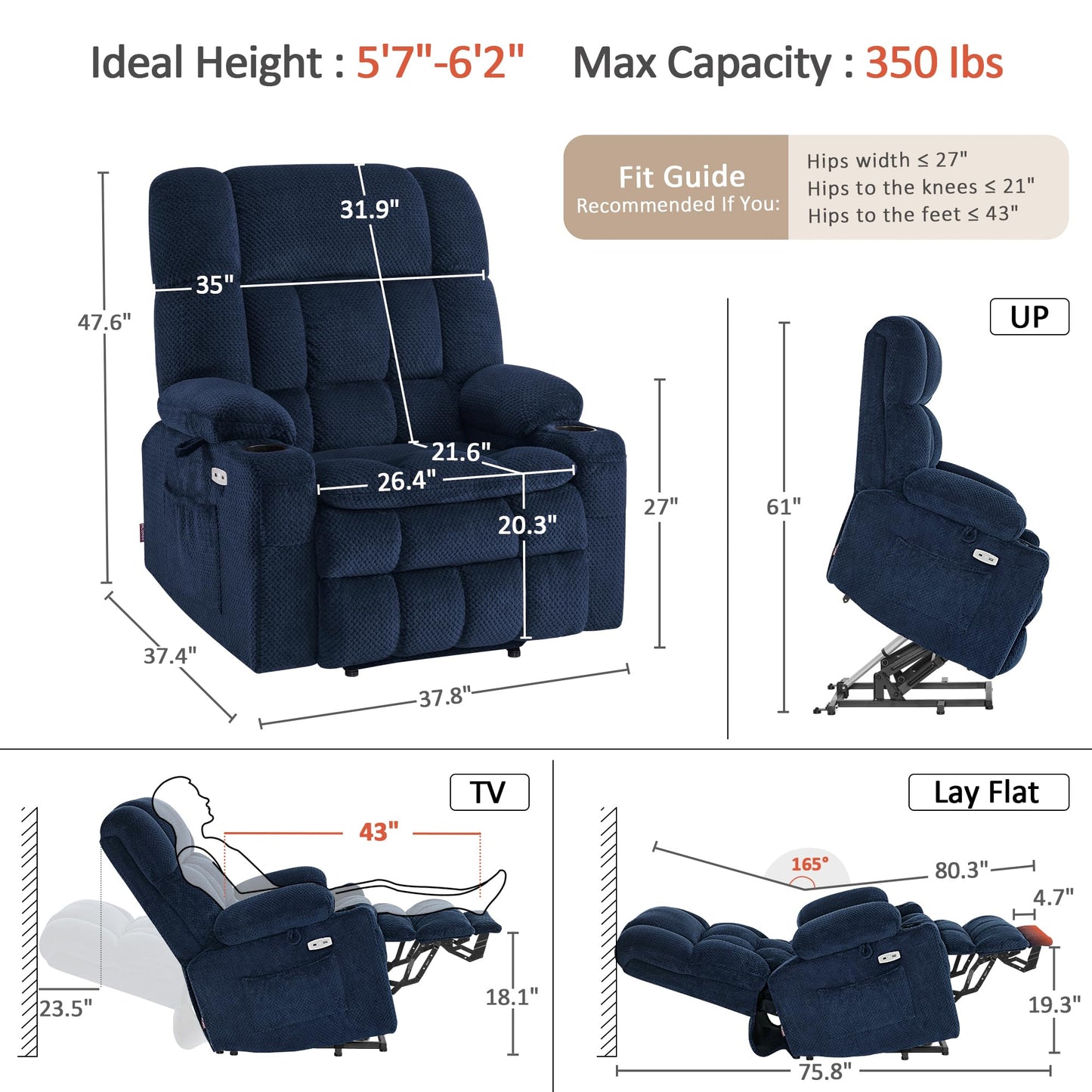 MCombo Oversized Power Lift Recliner Chair for Elderly, Dual Motor Lift Chair with Heat and Massage, Lay Flat Lift Chair for Big and Tall, Cup Holders, Fabric R7891 (Oversize, Navy Blue)