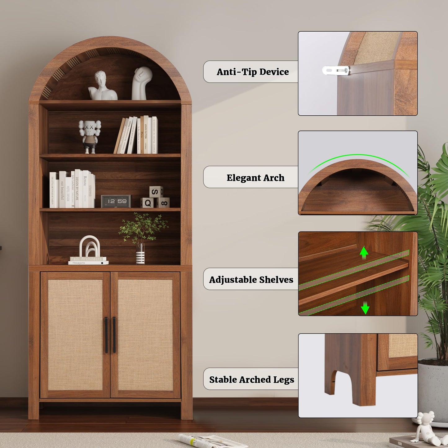 Janmer Home 71" Tall Arched Bookcase with Storage, Mid-Century Modern 6-Tier Cabinet with Door, Arched Bookshelf Cabinet with Open Display Storage Shelf for Office Living Room (Walnut)