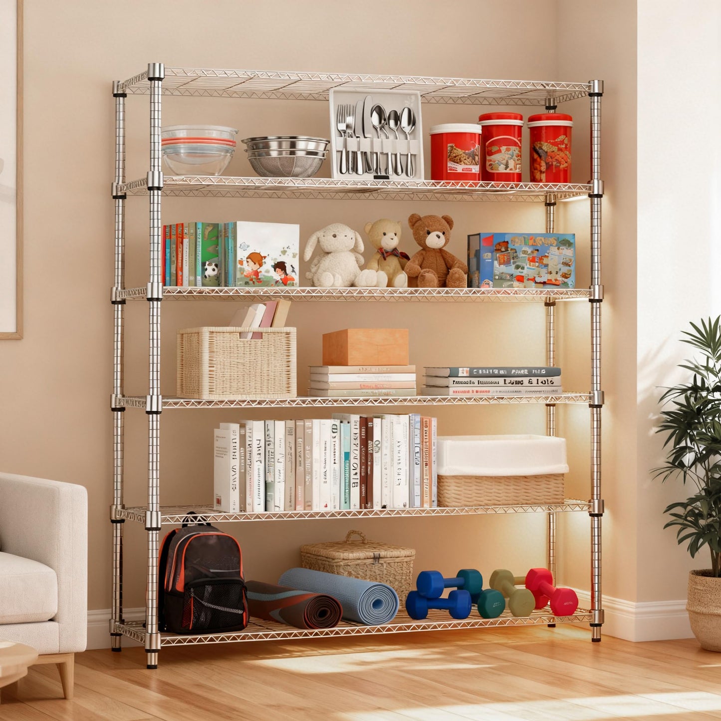M MZG 2100LBS 47.2" W 6 Tiers Shelf Storage Shelves Metal Shelving Unit Heavy Duty Garage Shelving Adjustable Wire Shelves for Pantry,Kitchen,Garage,Basement,Chrome 17.7" D x 47.2" W x 82.4" H