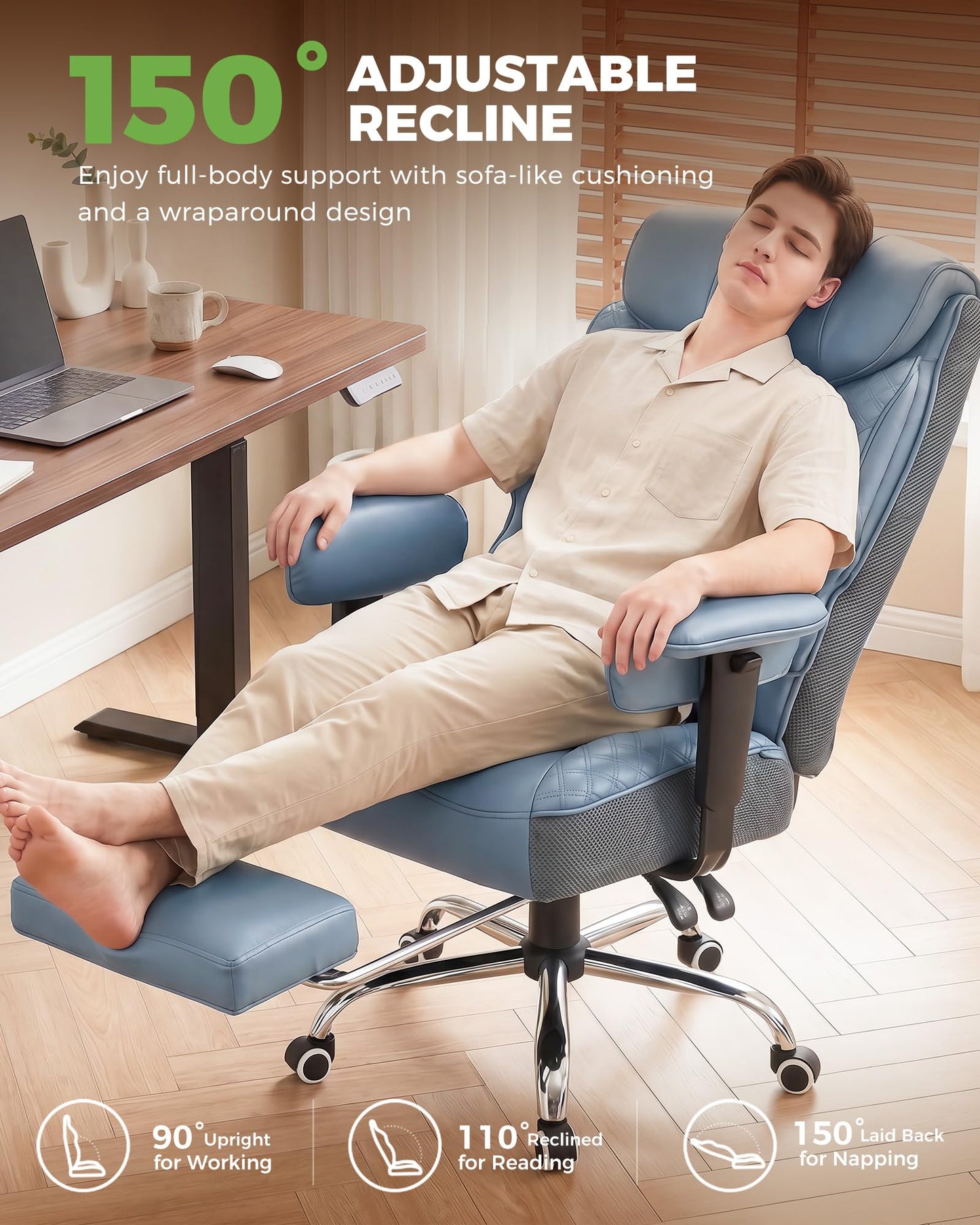 GTPLAYER Big and Tall Office Chair, High Back Computer Gaming Chair with Ergonomic Lumbar Support &Pocket Spring Cushion for Lower Back Pain Relief, Leather Executive Chair with Foot Rest, Blue