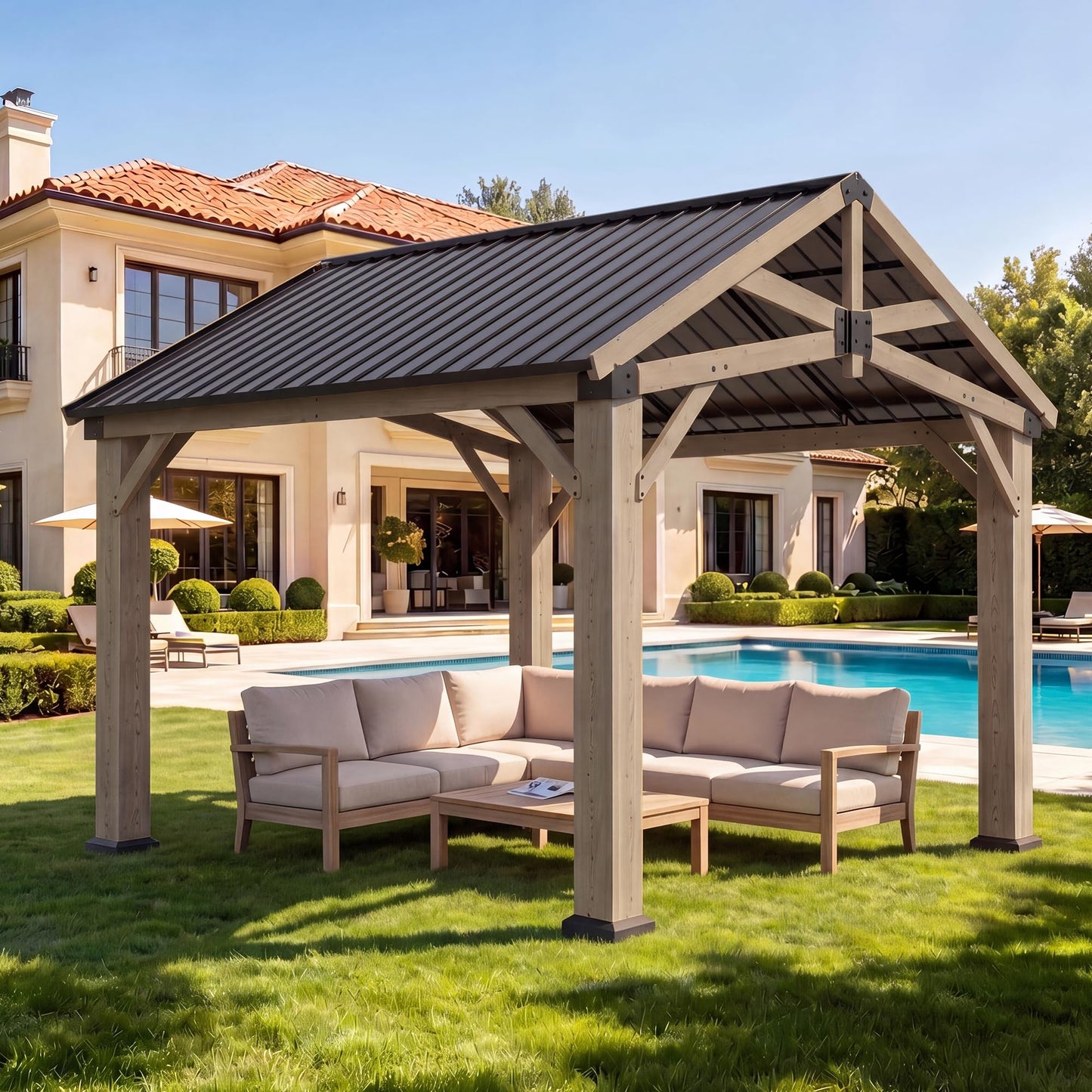 Aoxun 10' x 10' Outdoor Wood Gazebo, Hardtop Gazebo Permanent Wooden Pavilion with Galvanized Steel Gable Roof, for Patio, Garden, Backyard, Cedar Wood