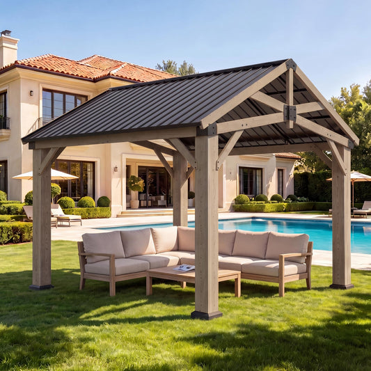 Aoxun 10' x 10' Outdoor Wood Gazebo, Hardtop Gazebo Permanent Wooden Pavilion with Galvanized Steel Gable Roof, for Patio, Garden, Backyard, Cedar Wood