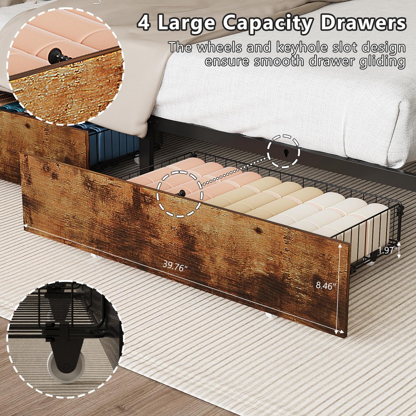 VINGLI Queen Bed Frame with 4 Storage Drawers and Headboard, Metal Platform Panel Bed with Charging Station and RGB LED Lights, No Box Spring Needed, Noise Free, Easy Assembly,Rustic Brown