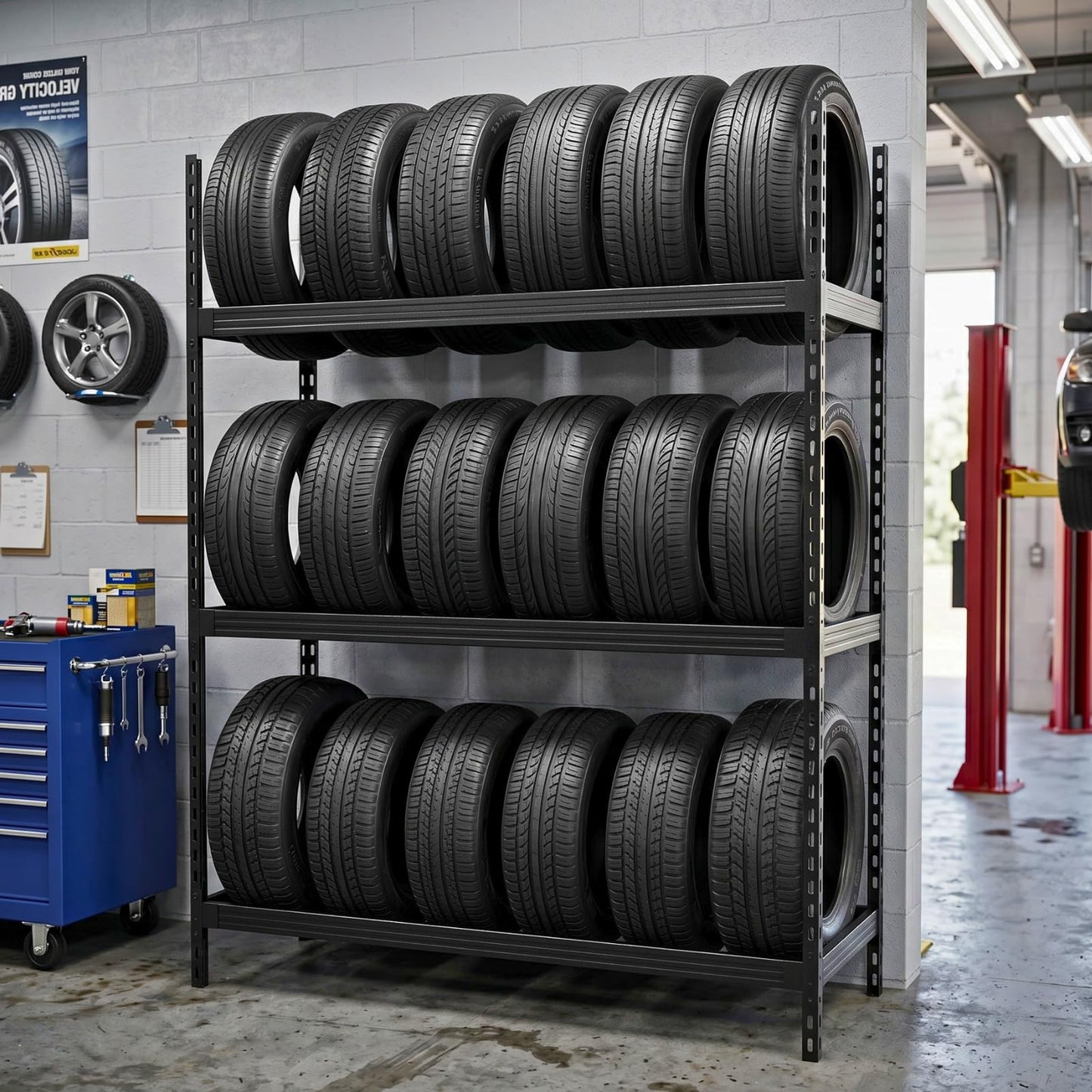 NULTRUMA 3-Tier Wall Mounted Industrial Tire Rack, Heavy Duty Steel Construction with 1500 lbs Shelf Capacity, 59" W x 18" D x 78" H, for Garage Passenger & Light Truck Tires, Assembly Required