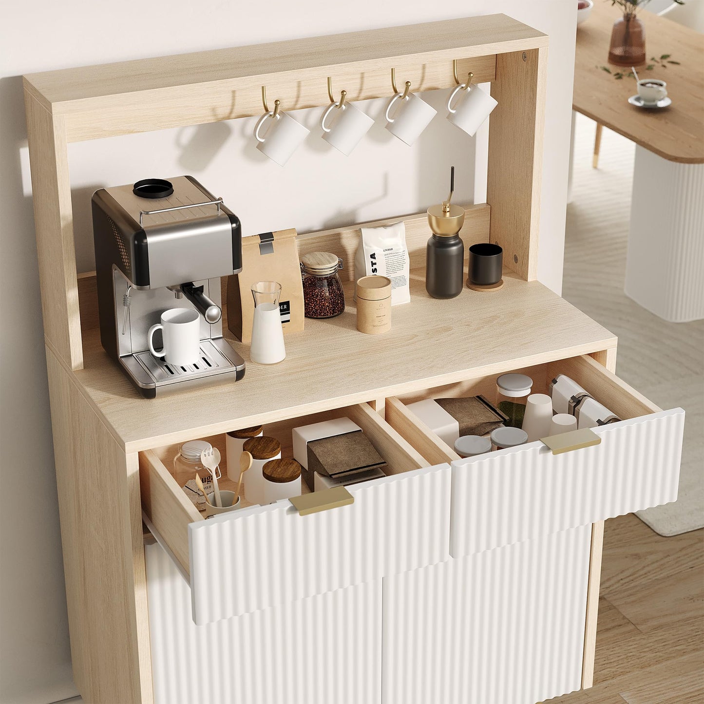 GarveeHome Fluted Sideboard Buffet Cabinet with Storage, Small Modern Coffee Bar Cabinet with Adjustable Shelves & 2 Drawers, Wood Buffet Console Table for Kitchen Dining Room Living Room