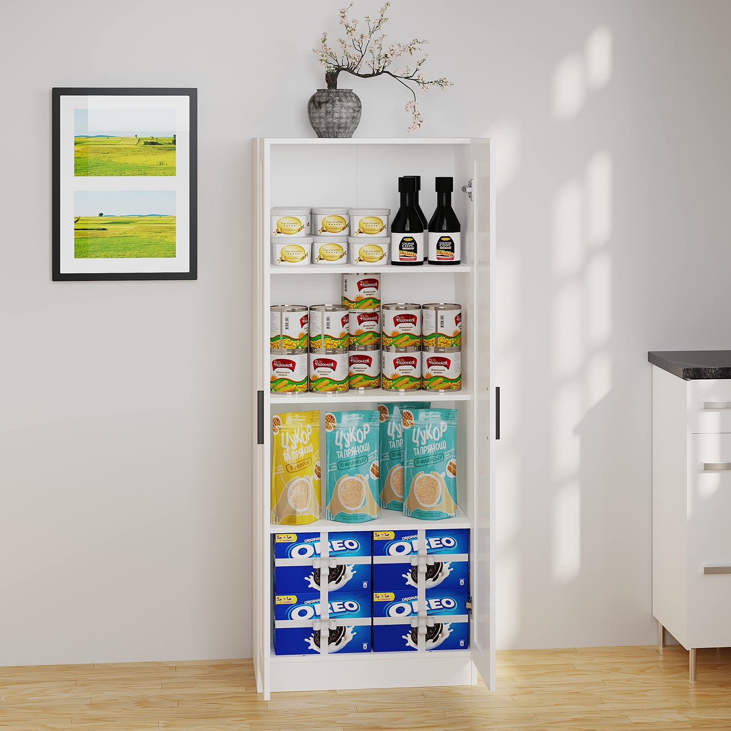 Panana Wooden Storage Cabinet, Narrow Pantry Cabinets Free Standing Tall Storage Cabinet with 2 Doors and Shelves (White)