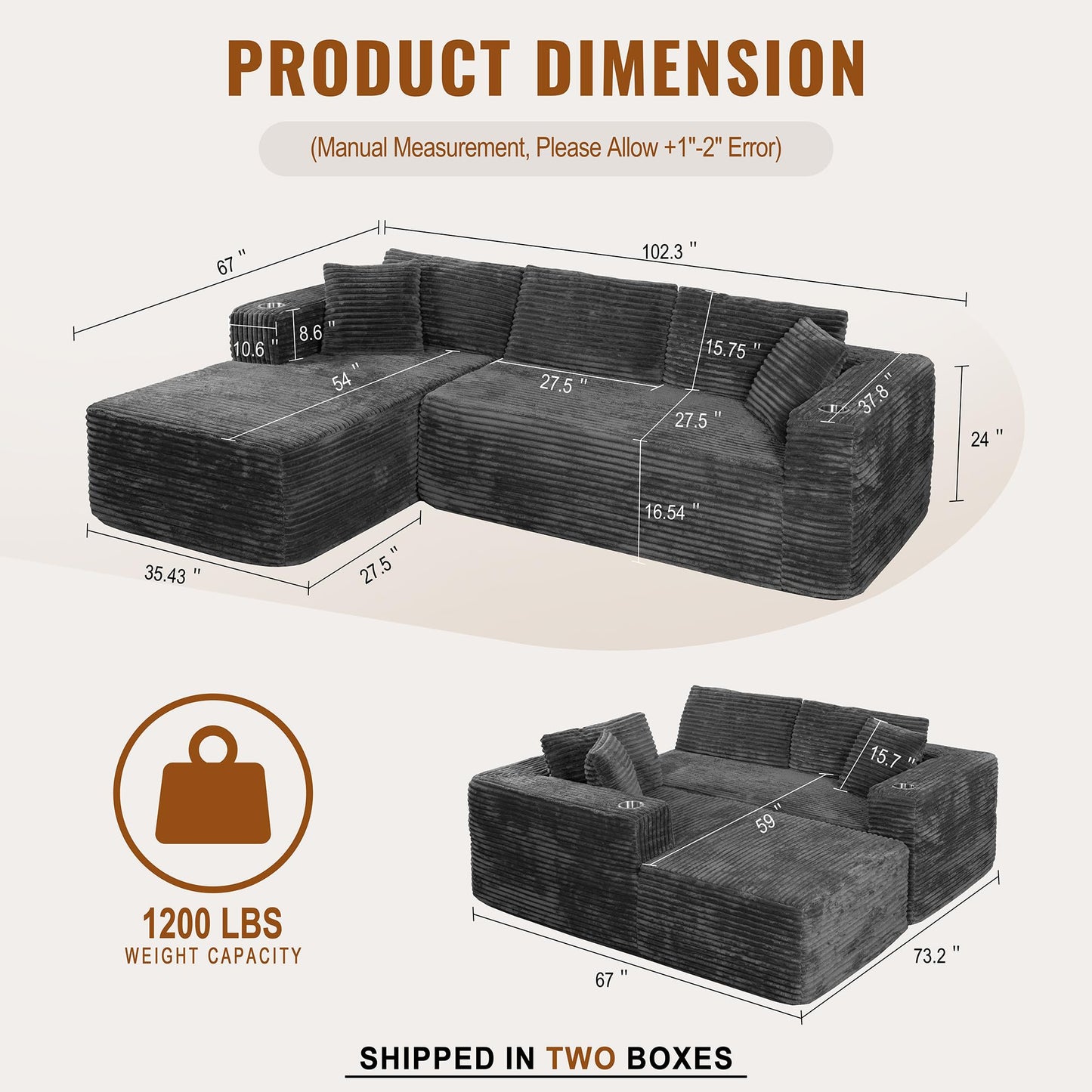 Shintenchi Boneless Couches for Living Room with 2 Cup Holders,L Shaped Modular Sectional Sofa Set,No Assembly Needed Plush Corduroy Living Room Set,Dark Gray