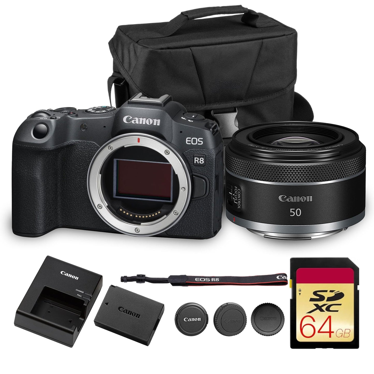 Canon EOS R8 Mirrorless Camera | 24.2MP Full Frame Sensor 4K 60p Video | Compact Lightweight Hybrid Camera for Travel and Content (5803C002) + Canon RF 50mm f/1.8 STM Lens + 64GB Card + Bag