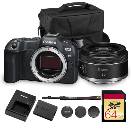Canon EOS R8 Mirrorless Camera | 24.2MP Full Frame Sensor 4K 60p Video | Compact Lightweight Hybrid Camera for Travel and Content (5803C002) + Canon RF 50mm f/1.8 STM Lens + 64GB Card + Bag