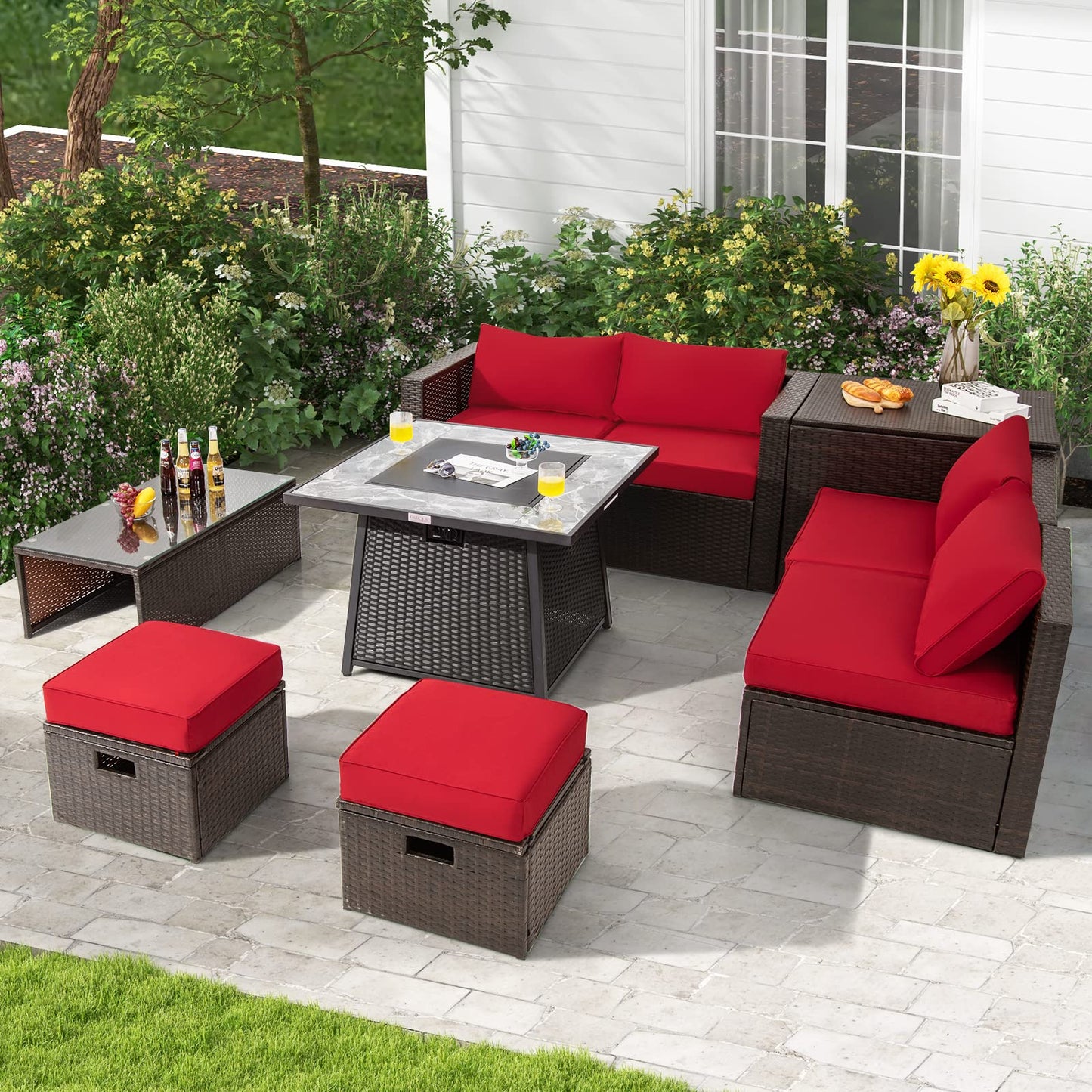 Tangkula 9 Pieces Outdoor Patio Furniture Set with 35-Inch Propane Fire Pit Table, Outdoor PE Wicker Sectional Sofa Set with Storage Box and Cushions, 50,000 BTU Gas Fire Pit Table (Red)