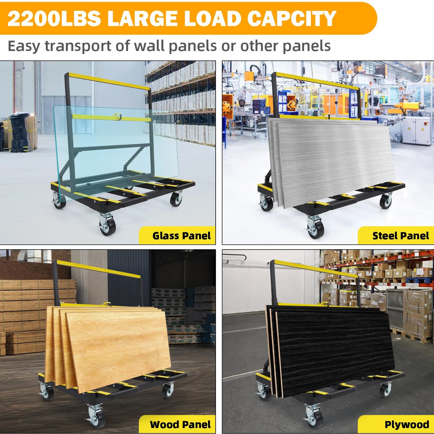 Folding Drywall Cart Heavy Duty Panel Dolly Cart 2200lbs Capacity, Drywall Dolly Plywood Carts with 4 Swivel Casters Extendable Deck, Sheetrock Handling Wall Panel Lumber Sheetrock Glass Windows