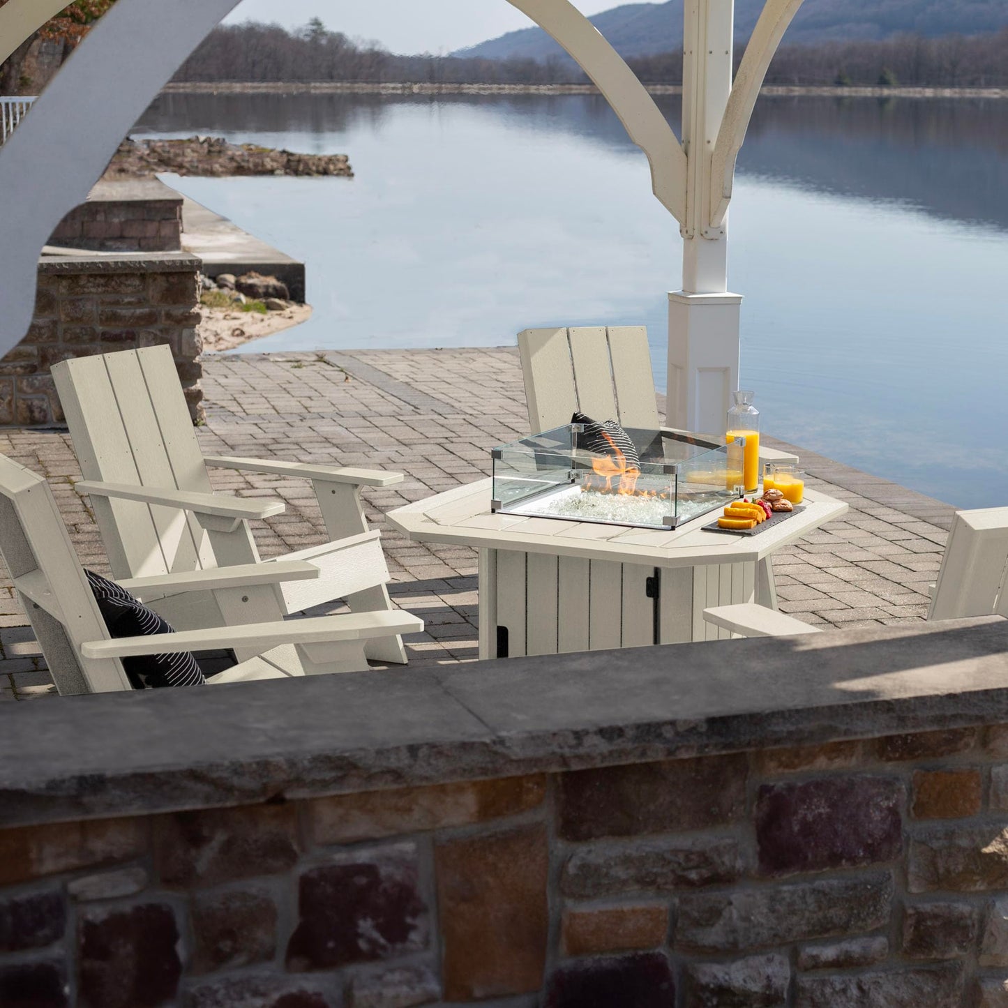 Oasis 5-Piece Conversation Set with Fire Pit Table, 4 Italica Modern Adirondack Chairs and 40” Fire Pit Table with Glass Wind Guard and Rain Cover, Whitewash