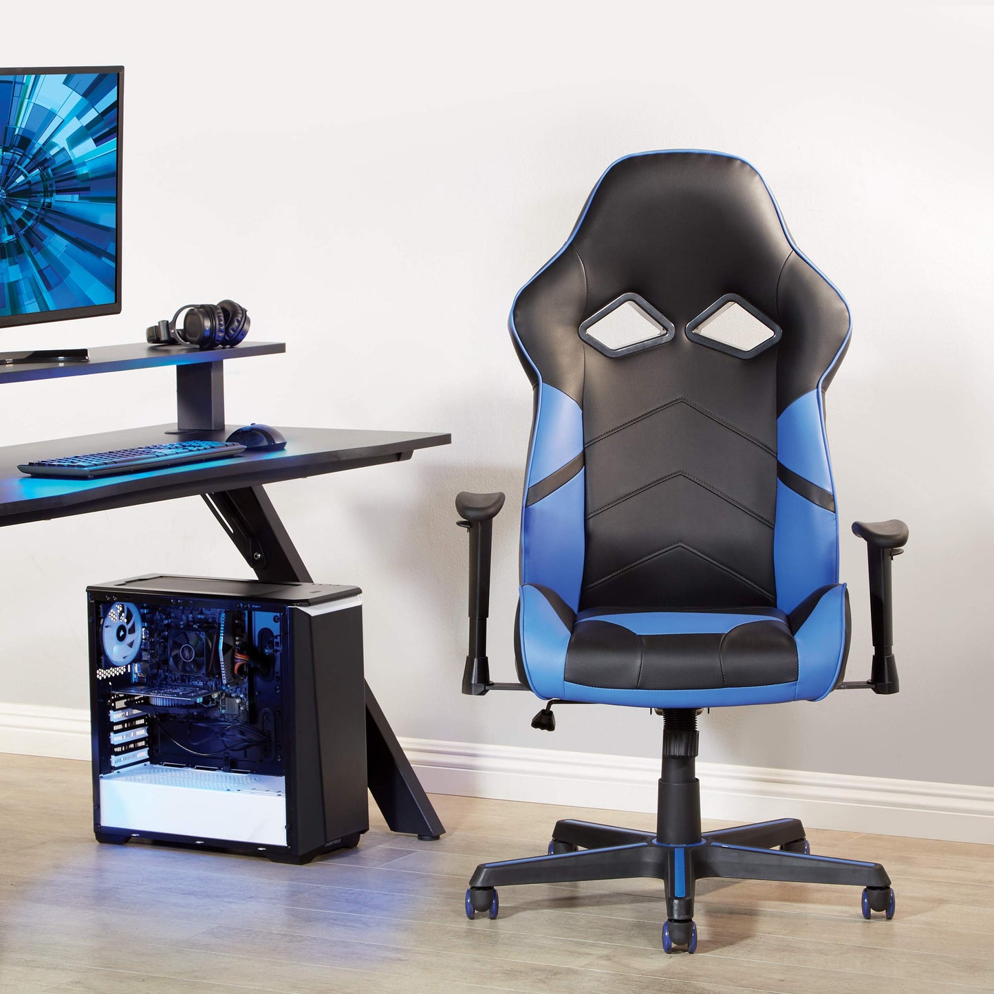 OSP Home Furnishings Vapor Ergonomic Adjustable High Back Faux Leather Gaming Chair with Coil Spring Seat and Integrated Cooling Airflow, Blue Accents