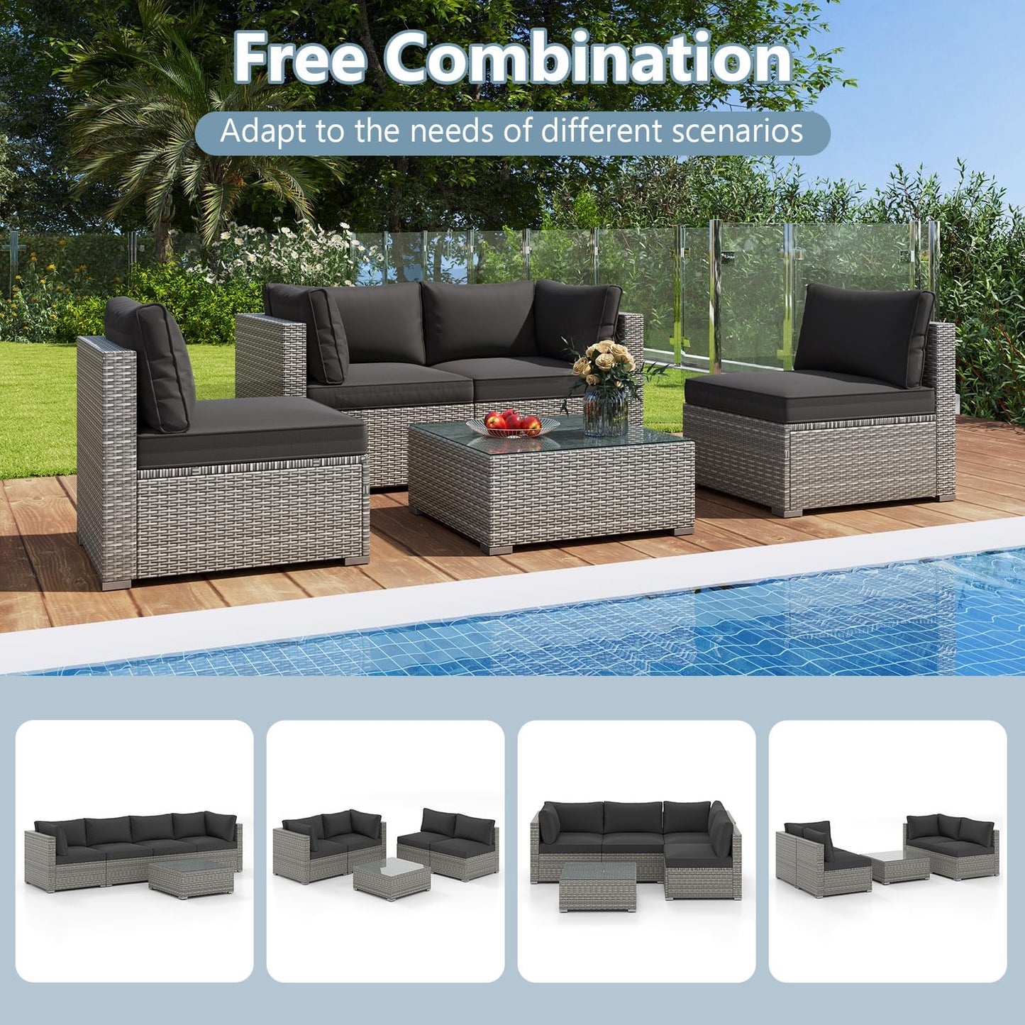 Tangkula 5-Piece Outdoor Patio Sectional Sofa Couch, PE Rattan Conversation Set w/Glass Coffee Table & Cushions, Outdoor Furniture Set w/Sturdy Metal Frame for Garden Poolside Backyard