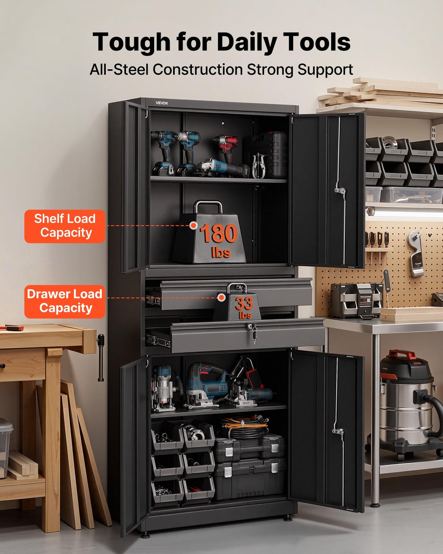 VEVOR Metal Storage Cabinet, 180 lbs Shelf Load Capacity, 70.87" Tall Garage Tool Storage Cabinet with 4 Locking Doors and Adjustable Shelves, 2 Drawers, for Garage, Home, Office, Utility Room, Black