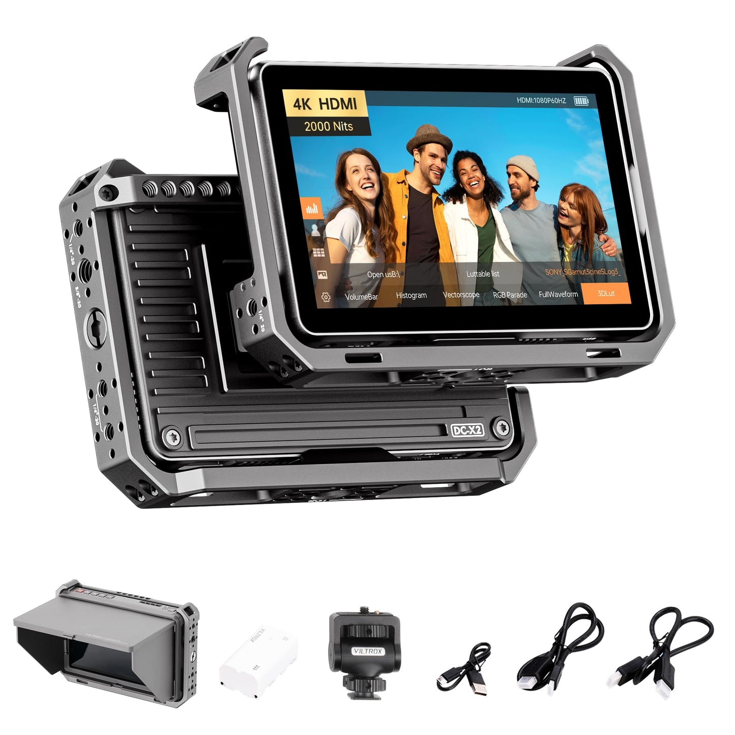 VILTROX DC-X2 2000 Nits Camera Field Monitor Kit with Rig Cage 6 Inch Touchscreen DSLR Monitor with 1920x1080 IPS 4K HDMI Loop in/Out 3D LUTs Waveform Video Peaking Focus Assist Battery Sunshade Hood