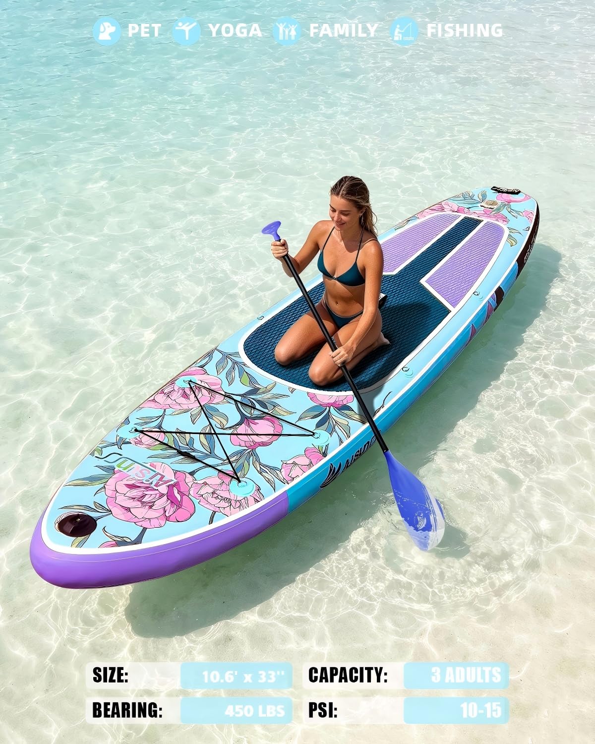 AISUNSS 10.6’ Inflatable Stand Up Paddle Board, 33’’ Wide Stance Paddle Boards with Premium Paddleboard Accessories, Double Action Pump, Removable Fin for Youth & Adults (Flowers Blue)