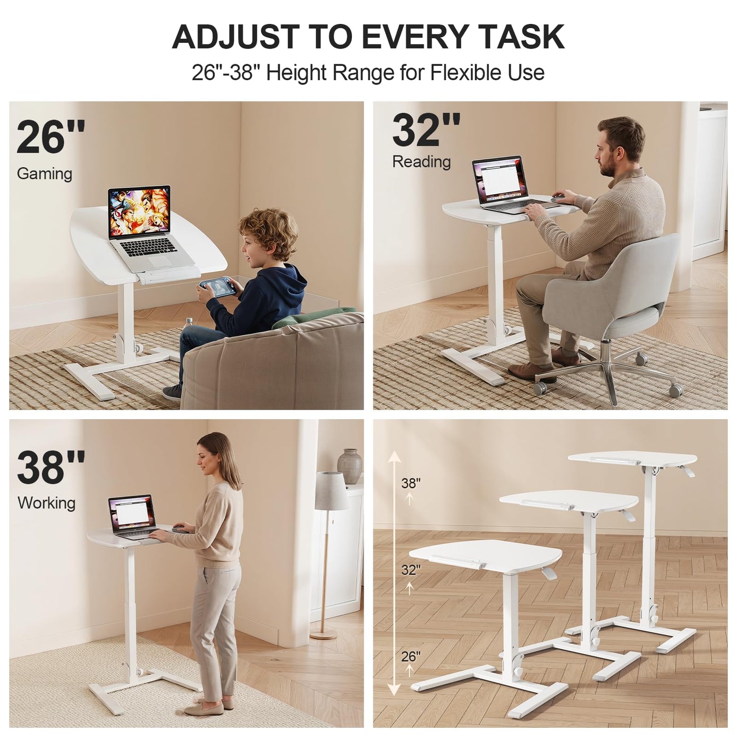 ROMOON Folding Small Standing Desk with Wheels, No-Assembly Portable Sit-Stand Laptop Cart, Adjustable Height Rolling Space Saving Workstation for Home Office, Small Space (White)