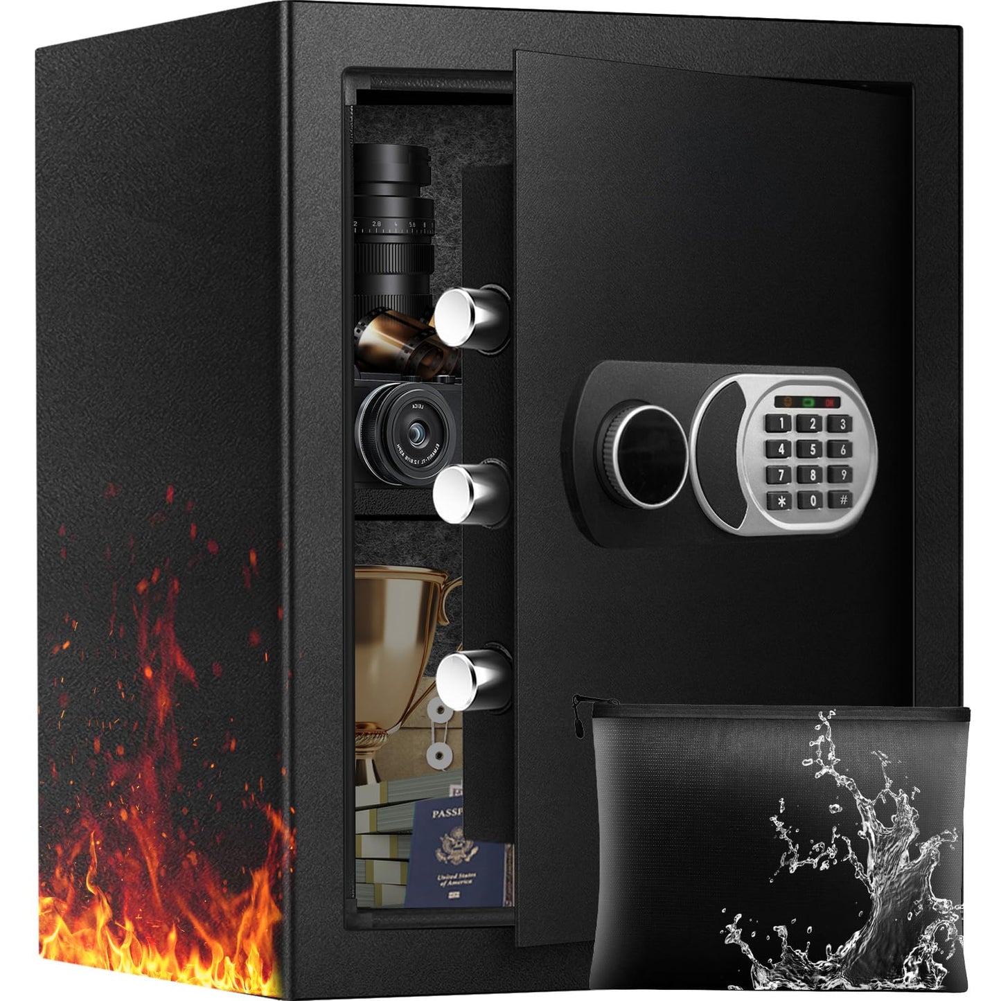 3.0 Cuft Fireproof Waterproof Home Safe, Anti-Theft Safety Box with Digital Keypad, Smart Alert System, LED Interior Light, Fireproof Bag and Spare Keys, Secure Storage for Cash Documents Valuables
