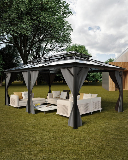 12' x 20' Permanent Hardtop Gazebo - Heavy Duty Aluminum Frame with Double Roof, Includes Curtains & Netting for Patio/Backyard/Garden (All-Weather)