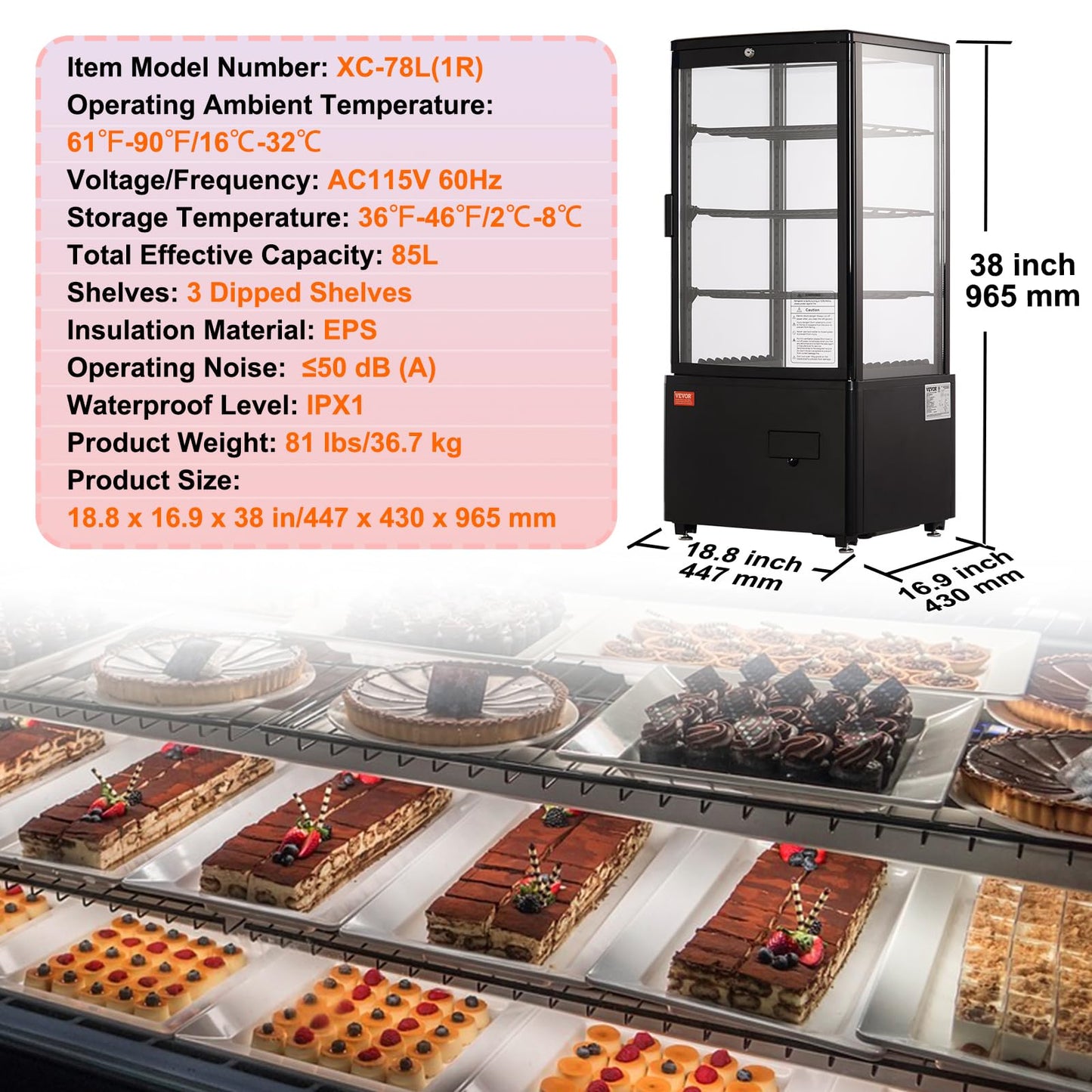 VEVOR XC-78L(1R) Cake Refrigerated 3 Cu.Ft./85L Countertop Pastry, Commercial Display Case with LED Lighting, TURBO, Frost-Free Air-Cooling, Locked Door for Bakery, 18.8 x 16.9 x 38 in, Black