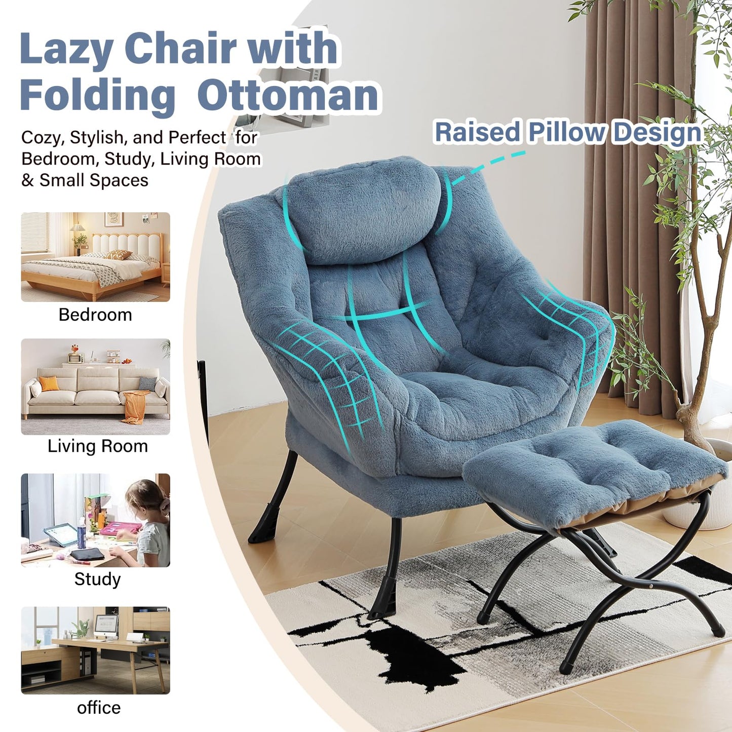 Furlide Lazy Chair with Ottoman, Modern Accent Chair with Armrests and a Side Pocket, Plush Light Blue Accent Chairs, Reading Chairs, Oversized Armchairs for Bedroom, Study, Living Room, Courtyard