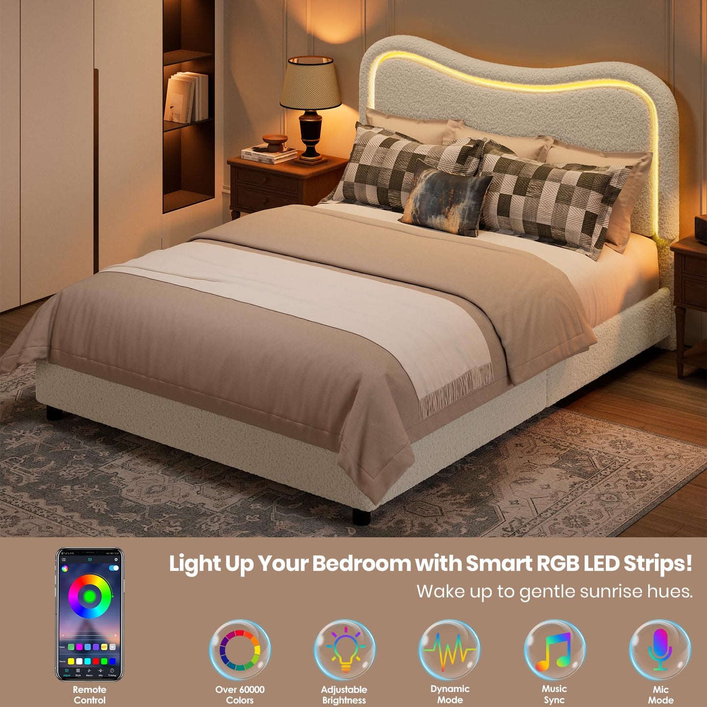 Garvee Boucle Full Bed Frame with 2 Storage Drawers, Upholstered Platform Bed with LED Headboard, Wood Slats Support, No Box Spring Needed for Kids, Teens-White