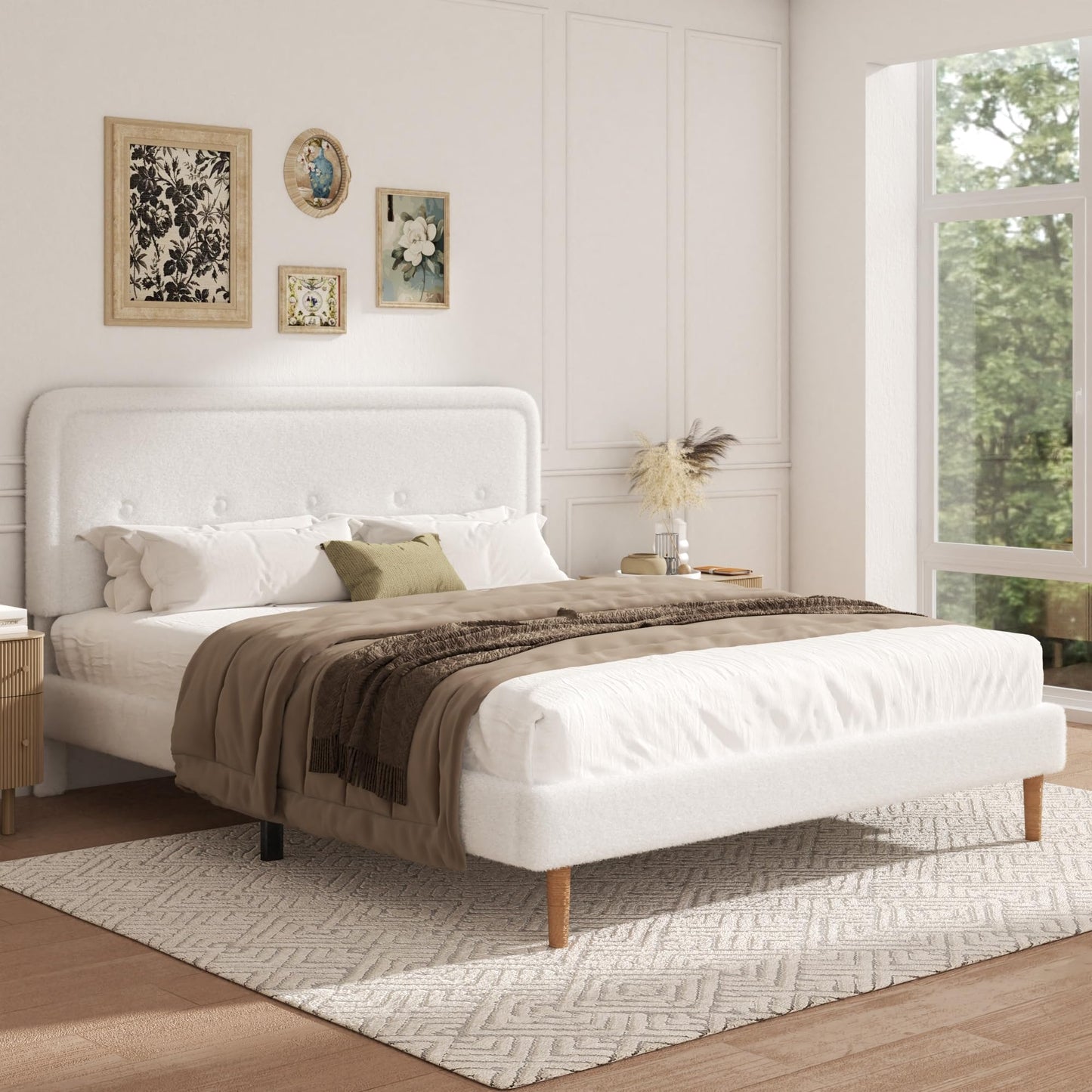 wirpexhowak King Size Boucle Bed Frame with Adjustable Headboard, Cloud Boucle Upholstered Platform Bed Frame, Rounded Corners Design & Easy Assembly, Box Spring Optional, Noise Free, White