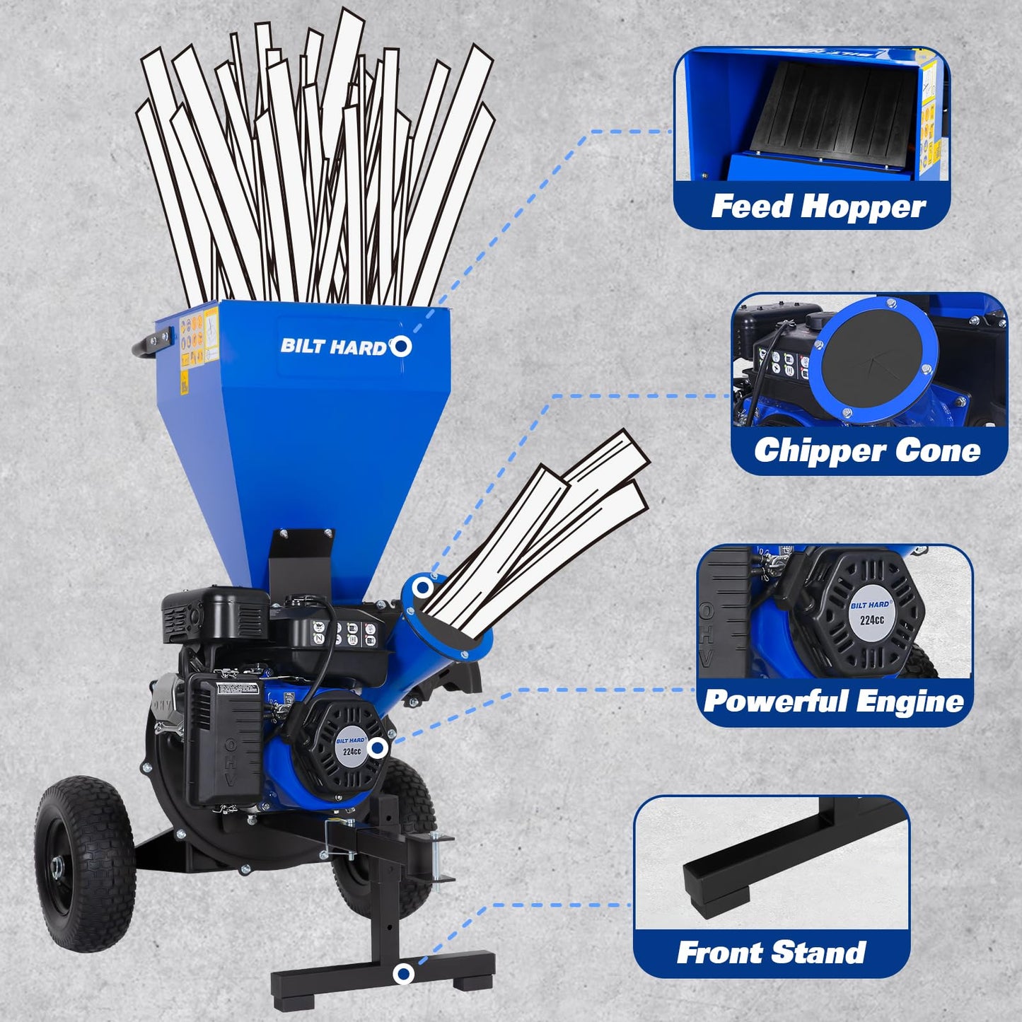 BILT HARD Wood Chipper with Tow Hitch - 7.5 HP 224cc Gas Powered Shredder Towable, 3 in 1 Multi-Function Heavy Duty, 3" Max Wood Diameter Capacity with Collection Bag
