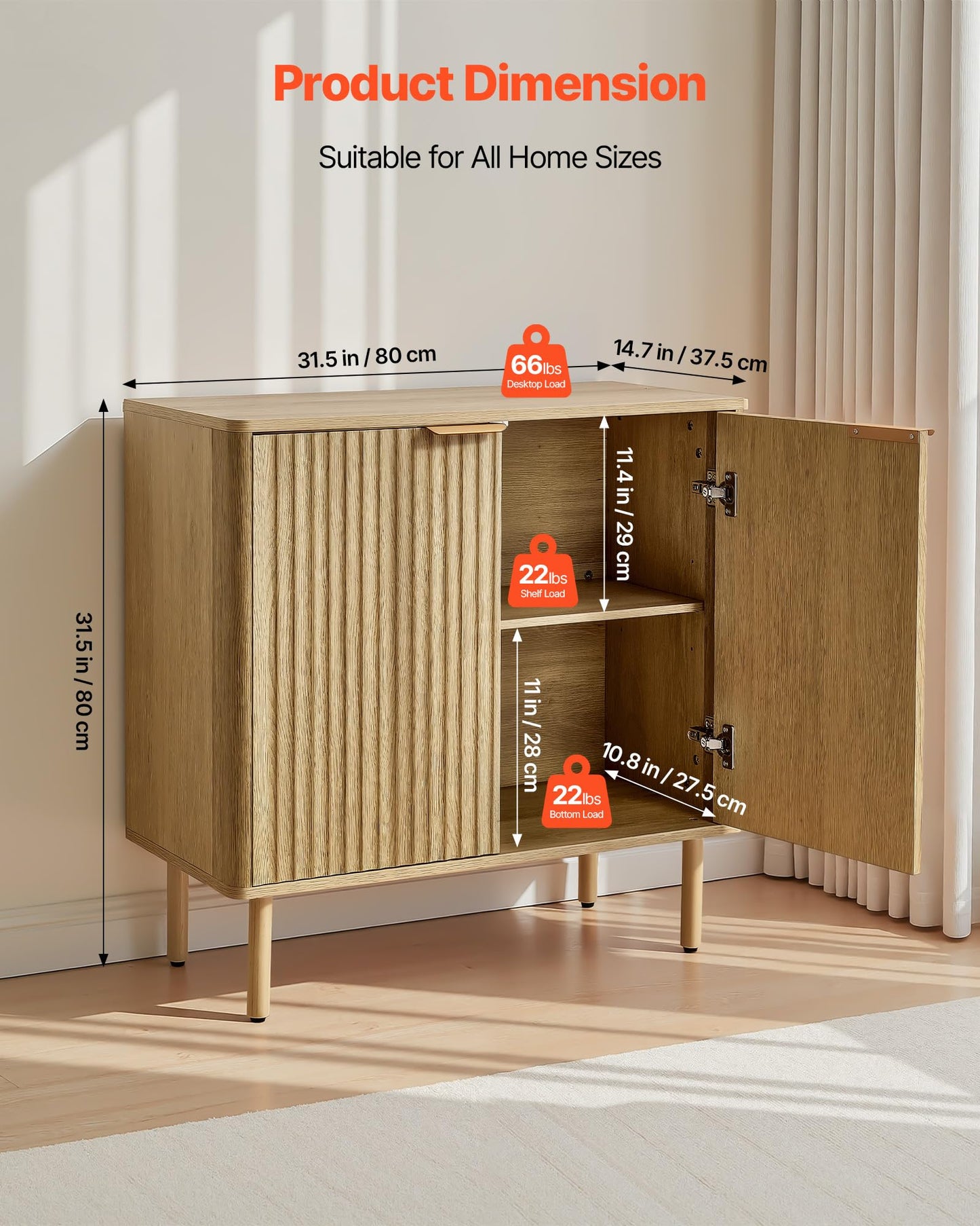 VEVOR Buffet Cabinet, Sideboard Cabinet with 2-Tier Storage, Coffee Bar Cabinet with Adjustable Shelves, Fluted Sideboard Buffet for Hallway, Entryway, Living Room, or Kitchen, Oak(2pcs)