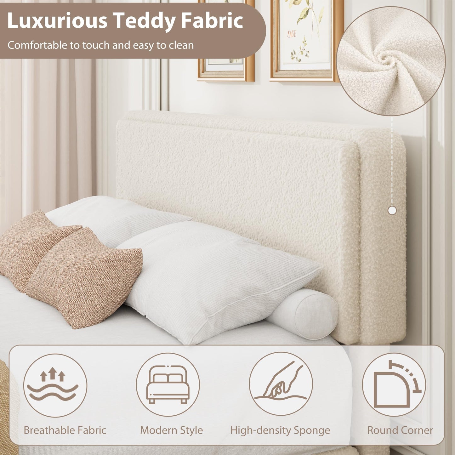 GarveeHome Queen Size Bed Frame with 2 Storage Drawer, Teddy Fleece Thick Upholstered Platform Bed Frame with Adjustable Headboard, No Box Spring Needed, Cream Beige