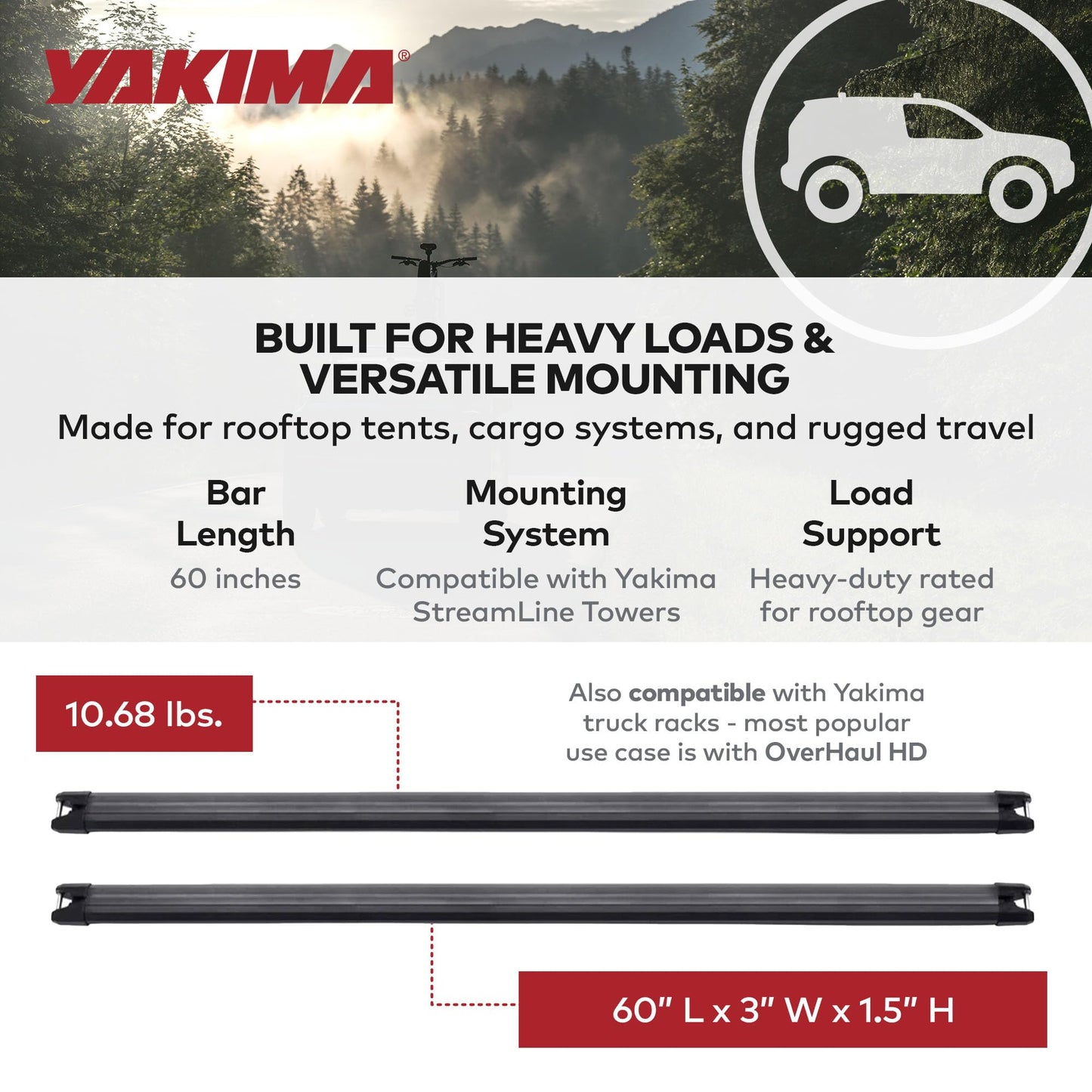 Yakima 1 Pair Crossbars, 60 Inch Heavy Duty Bars with T Slot Attachments for Rooftop Tents