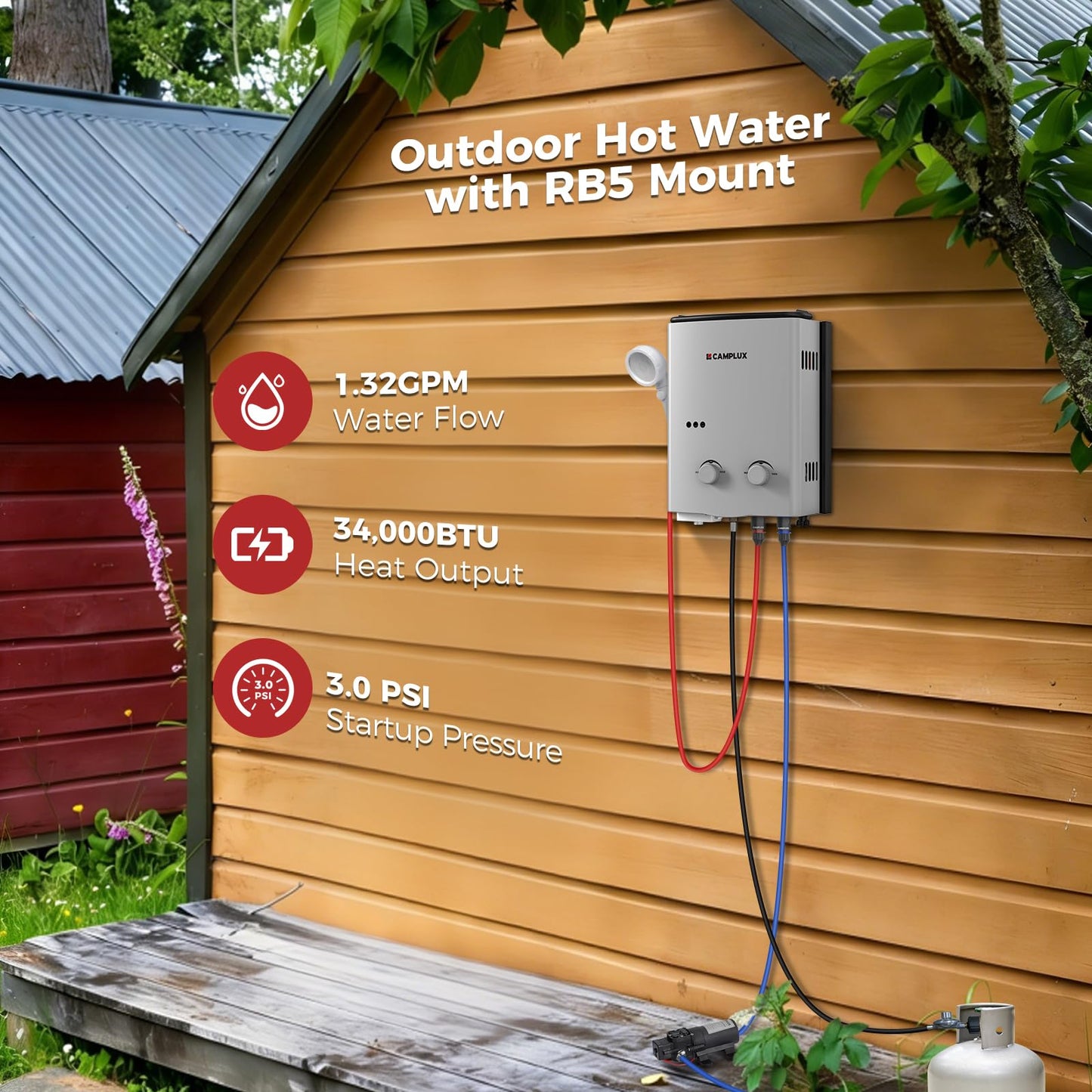 CAMPLUX ENJOY OUTDOOR LIFE 1.32 GPM Outdoor Portable Propane Tankless Water Heater with 1.2 GPM Water Pump Kits, Gray