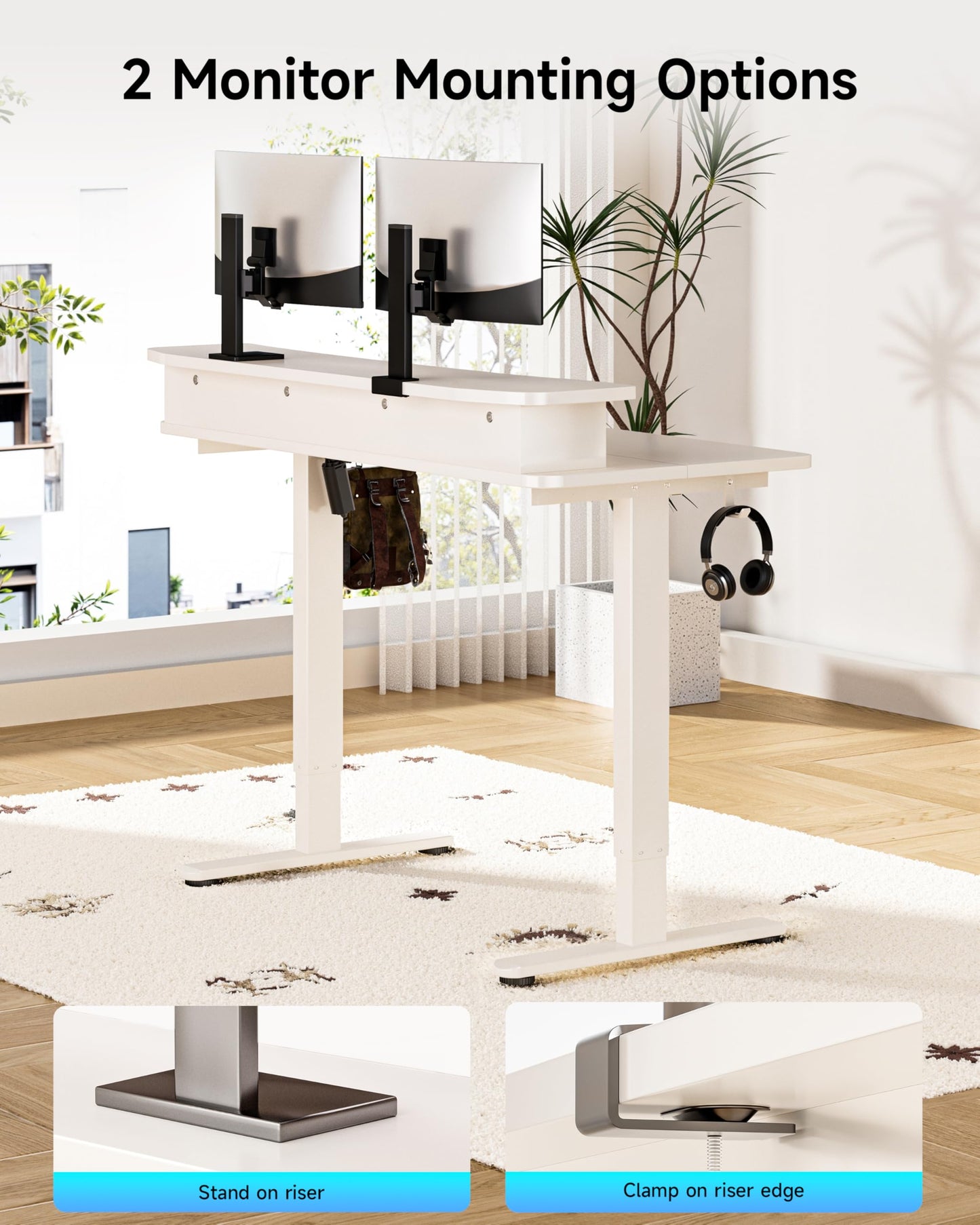 BIZUM Standing Desk with 2 Drawers Computer Desk-Stand up Desk Home Office Gaming Memory Desks C-Clamp Mount Compatible, 48x24 Inch White
