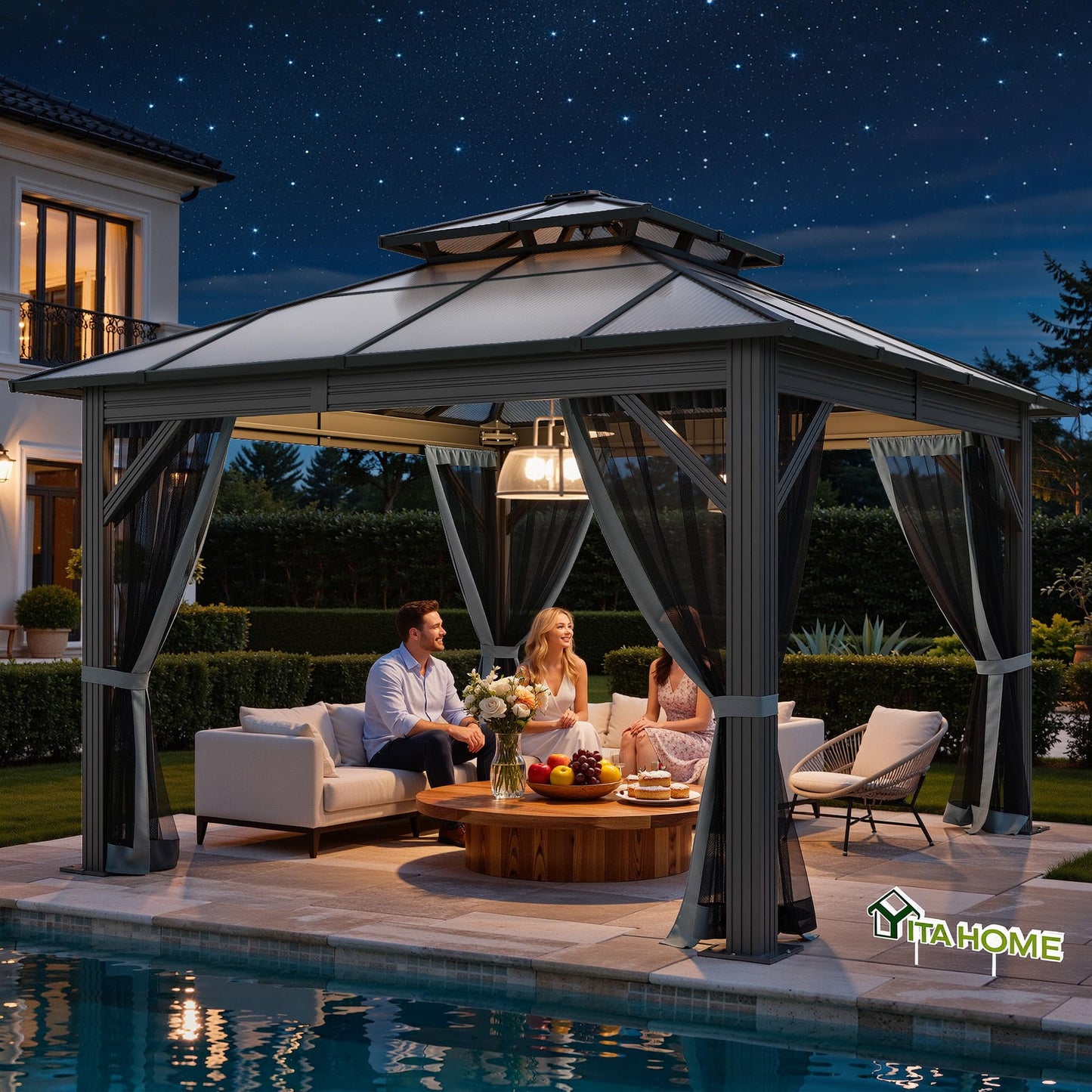 YITAHOME 10x10FT Gazebo Polycarbonate Hardtop Double Roof Canopy Outdoor with Netting and Shaded Curtains, Metal Frame Garden Tent for Patio, Backyard, Deck and Lawns, Grey
