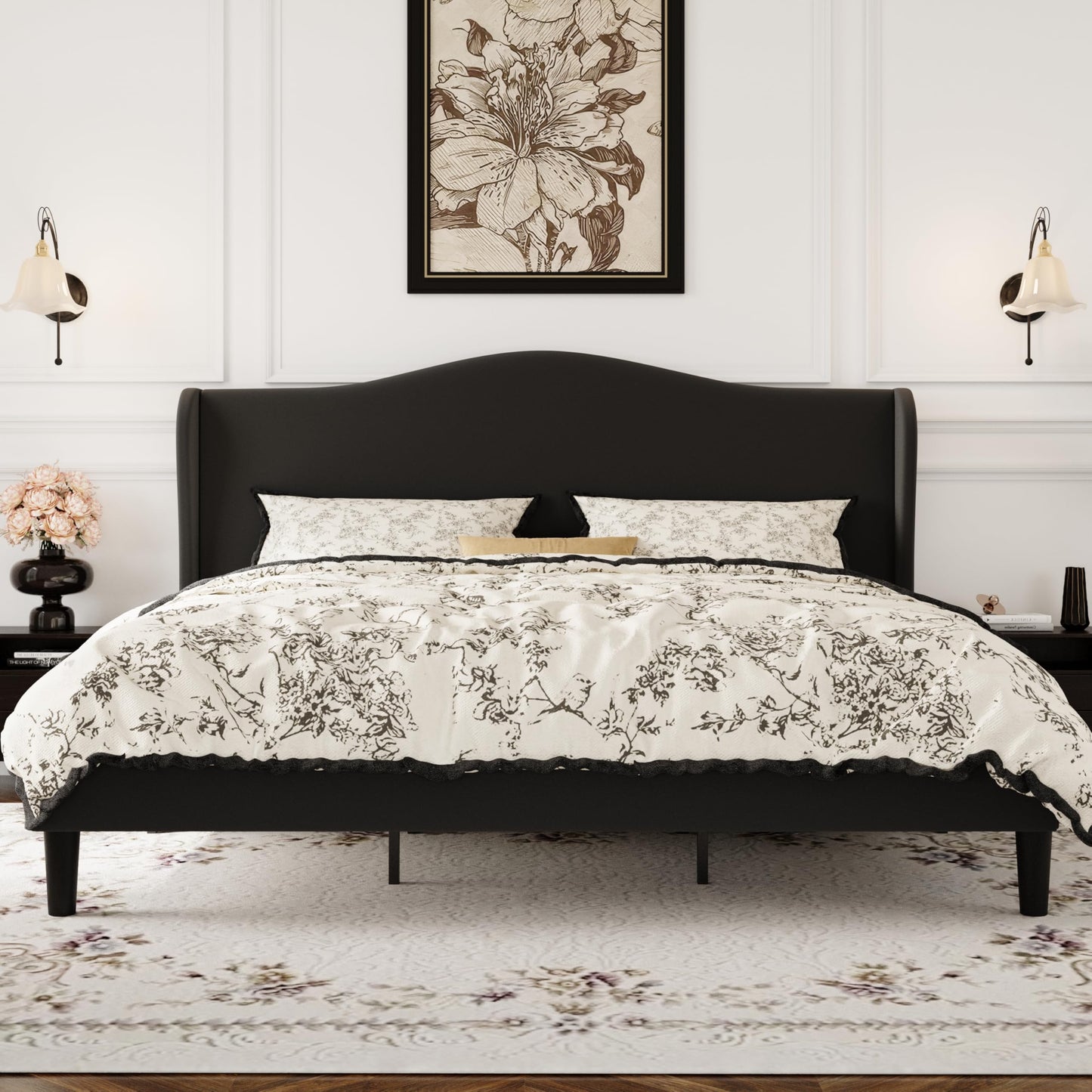 SHA CERLIN King Size Velvet Platform Bed Frame with Elegant Wingback Headboard, Modern & Luxurious Design, Sturdy Wooden Slats, No Box Spring Required, Easy Assembly, Noise-Free, Soft Black