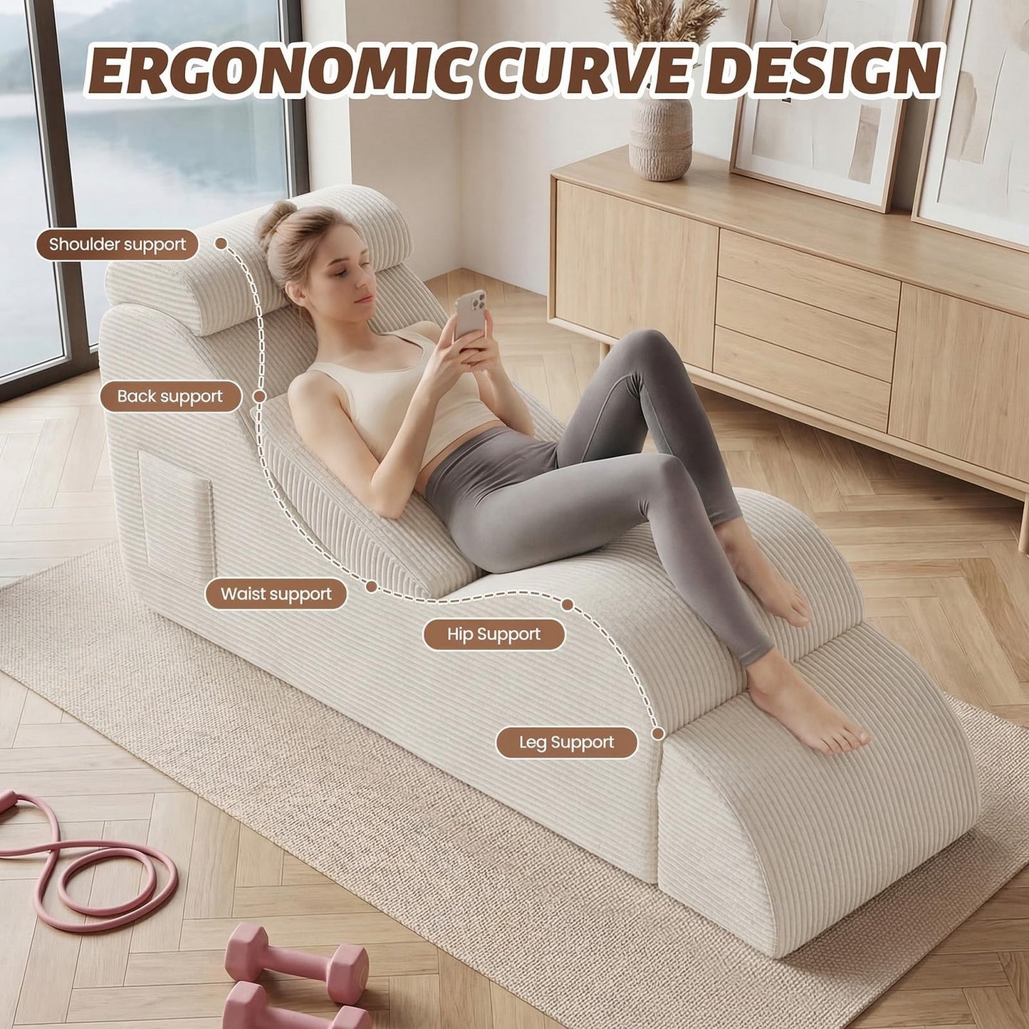 Yoga Chair Lounge for Adult, Ergonomic Foam Chaise Lounge Chair Indoor with Side Pocket, Headrest, Waist Pad, Ottoman, Perfect for Stretching, Massage, and Relaxation, No Assembly Required(Beige)