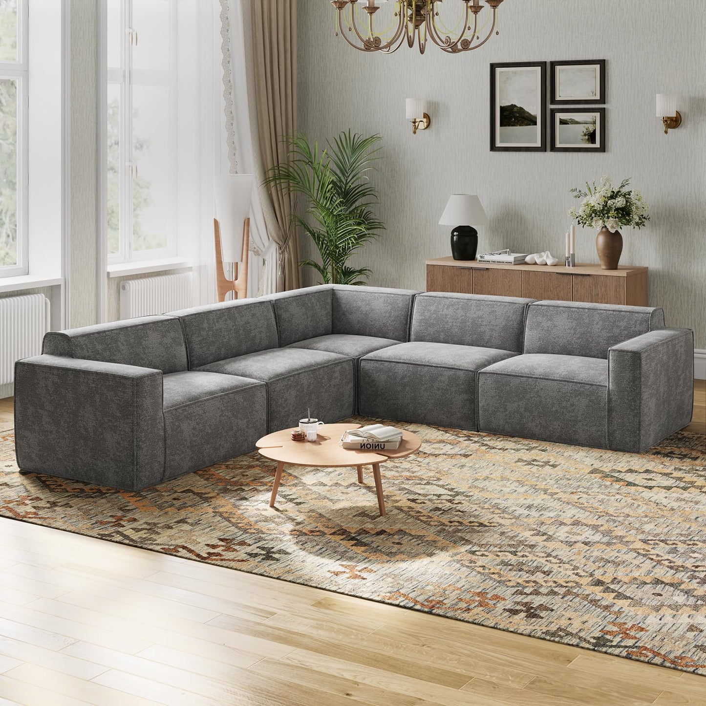 Novilla 109" Modular Sectional Sofa, No Assembly Cloud Sectional Couch with Smarts Coil® Support, Chenille Fabric L Shape Sectional Sofa, Boneless Couch for Living Room Apartment, Dark Gray (5 Seat)