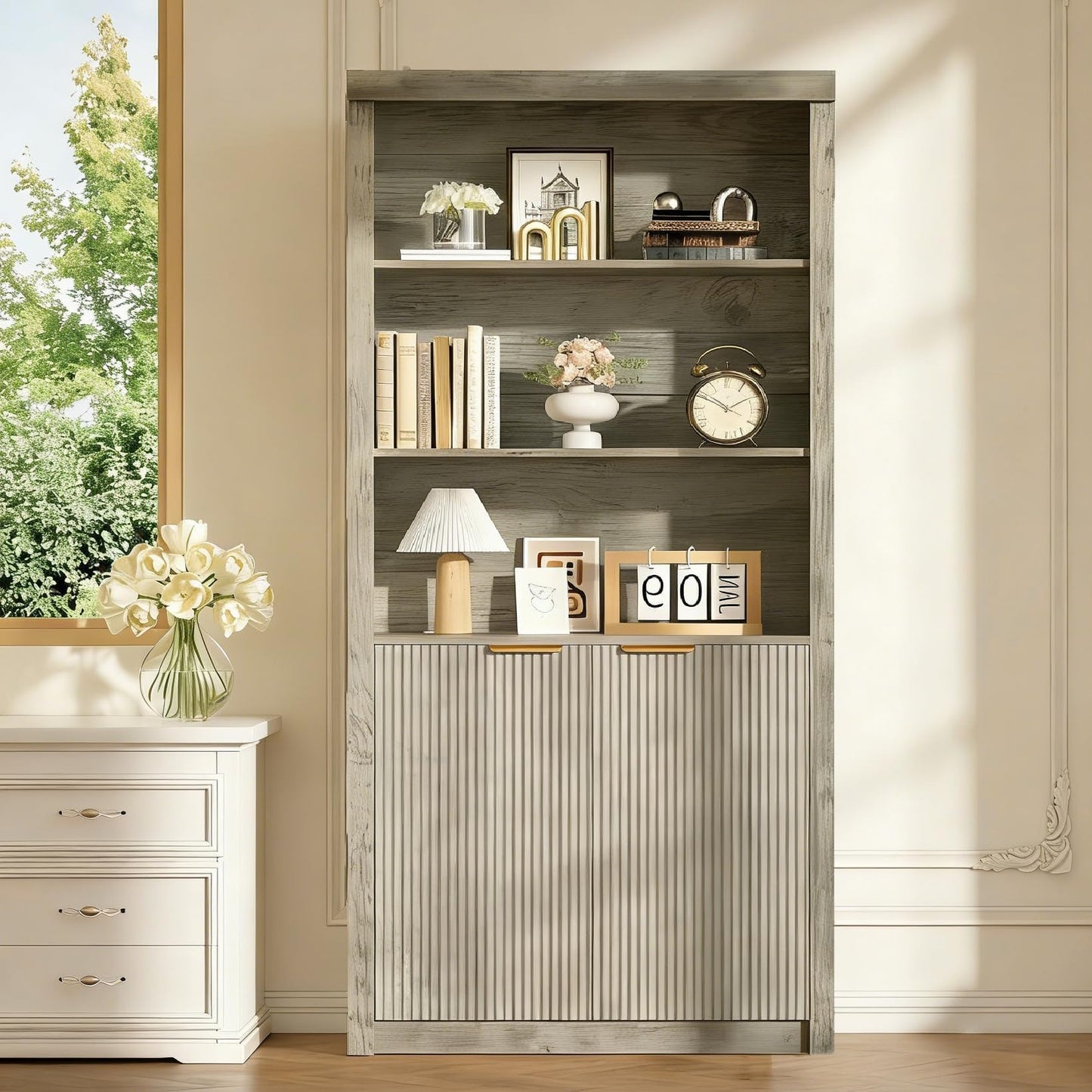 Garvee 71" Tall Bookshelf with Fluted Doors, 5 Tier Bookcase Display Shelves with Storage Cabinet & Adjustable Shelf, Mid-Century Modern Bookshelves for Home Office, Living Room, Grey