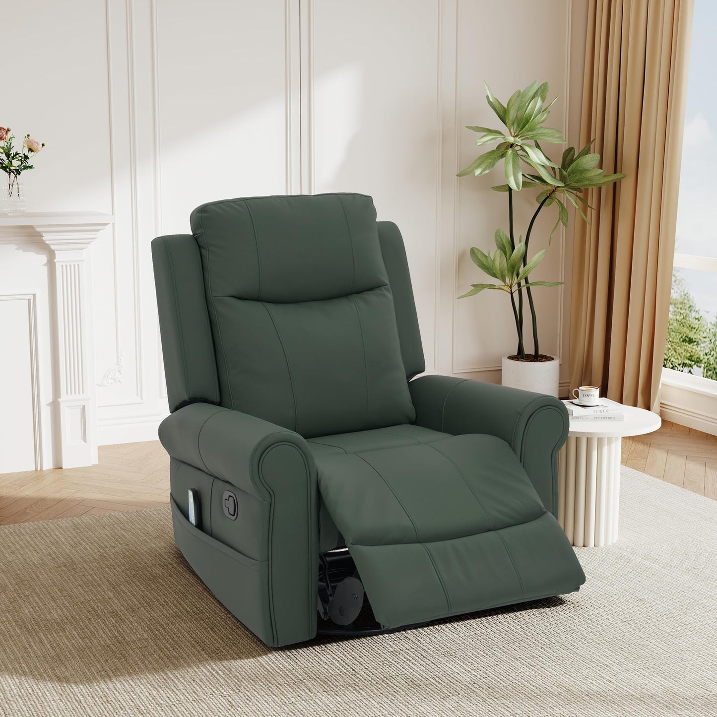 Merax 270°Swivel Rocker Recliner Chair, PU Leather Manual Recliner with Massage and Heating, Dual Reclining Positions and Side Pocket and for Living Room, Bedroom, or Nursery, Green