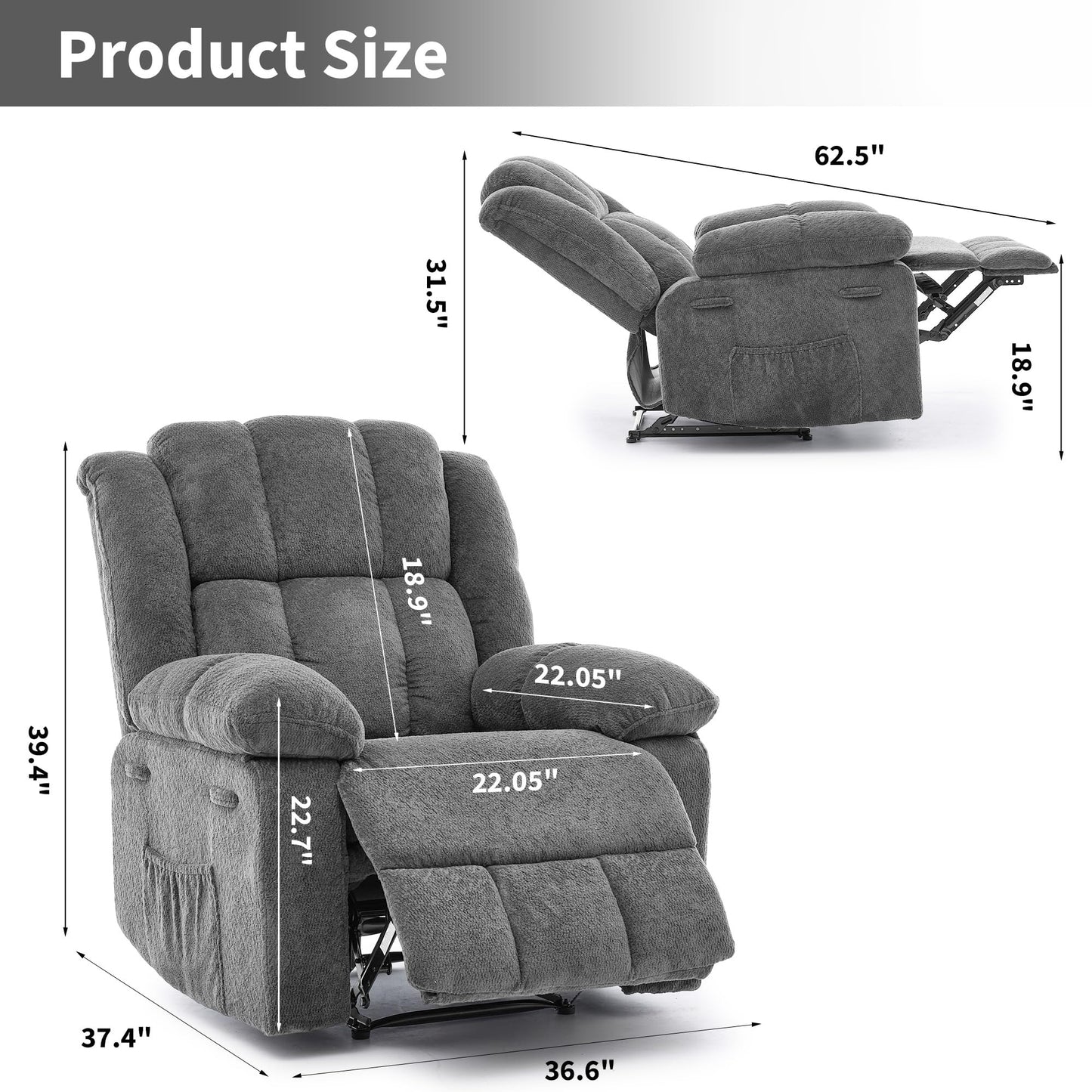 Oversized Recliner Chair for Adult,150°Recliner Chairs Ergonomic Nursery Chairs, Extra Wide Manual Recliners,Fabric Upholstery Soft Sofa Chair for Livingroom,Bedroom,Gray