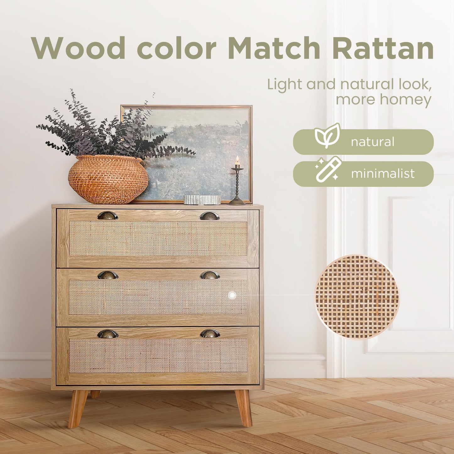 Sophia & William Rattan Cabinet Boho Dresser 3-Drawer Rattan Nightstand Chest of Drawers