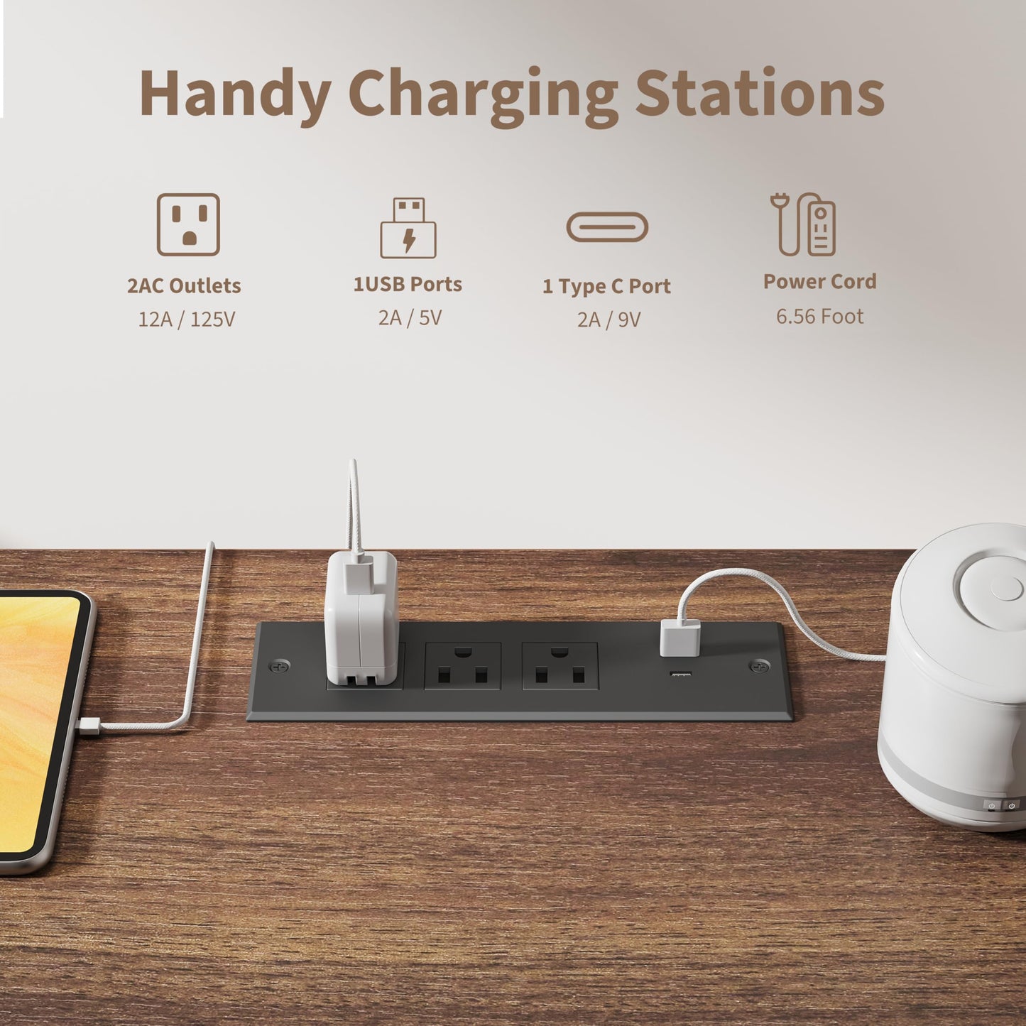 IDEALHOUSE 60 Inch Modern Executive Desk with Charging Station, USB-C/A Ports & 6.56ft Cord - Walnut & White Fluted Wood Office Desk with File Drawers, Sturdy Computer Desk for Home Office
