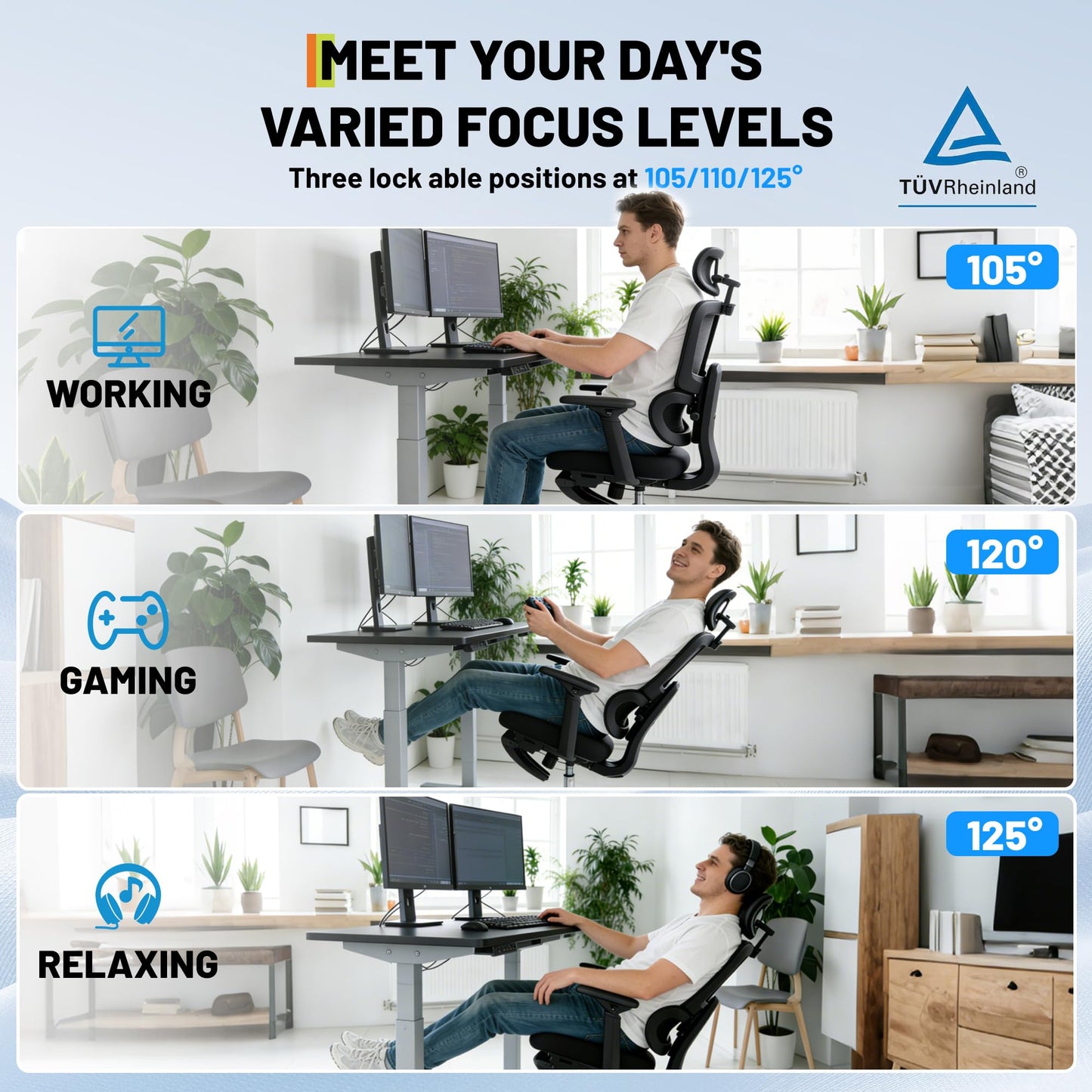 Garvee Ergonomic Mesh Office Chair, Adjustable Lumbar High Back Desk Chair 300lbs, 4D Flip-Up Arms, 3-Level Tilt Backrest, 3D Headrest, PU Wheels, Swivel Rolling Computer Seating for Long Desk Work