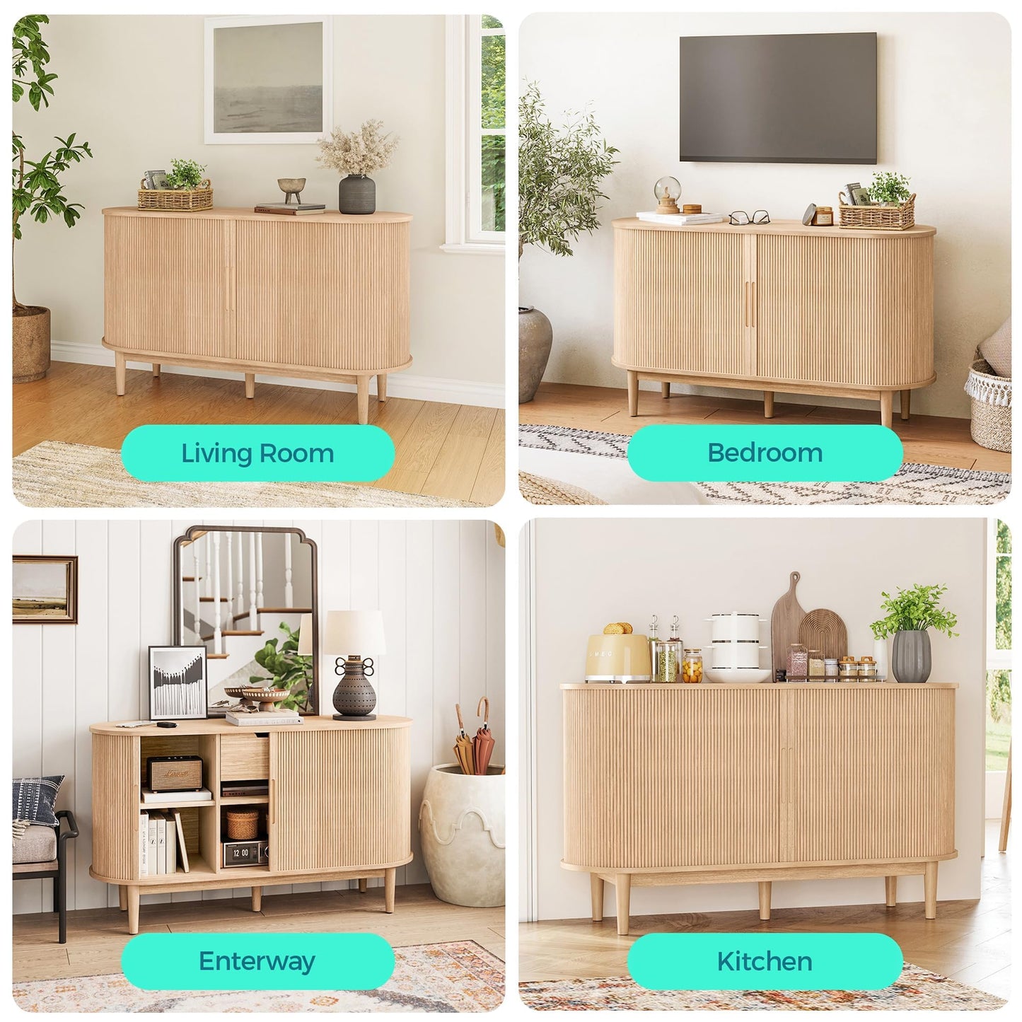 LINSY Home 55" Sideboard Buffet Cabinet,Tambour Sliding Doors & Drawer