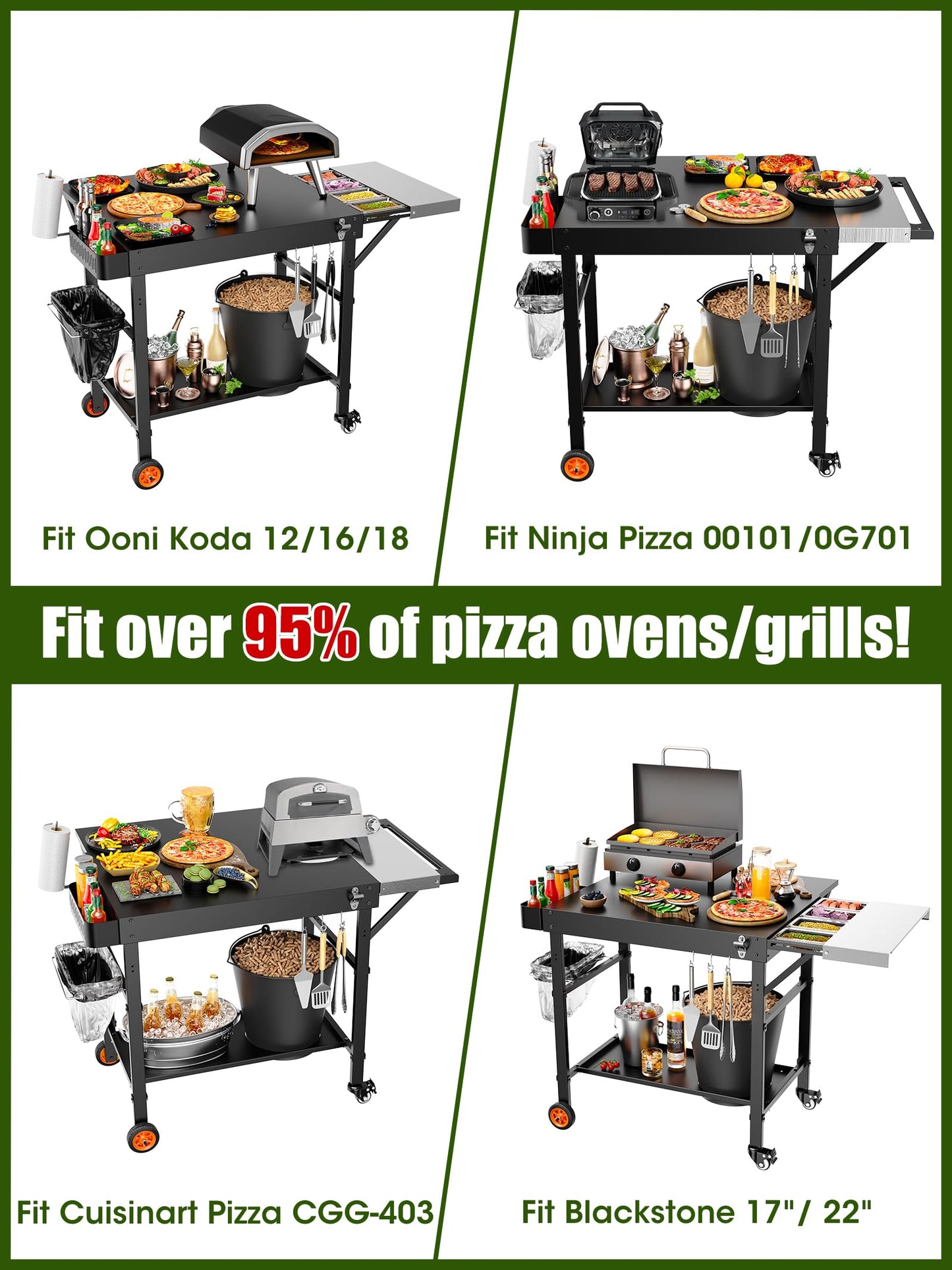 Outdoor Pizza Oven Table, Movable Grill Side Table, Expansive Countertop Pizzas Oven Accessories, Pizzas Stands for Party with Wheels, Fits Ooni Blackstone Ninja Cuisinart Gozney