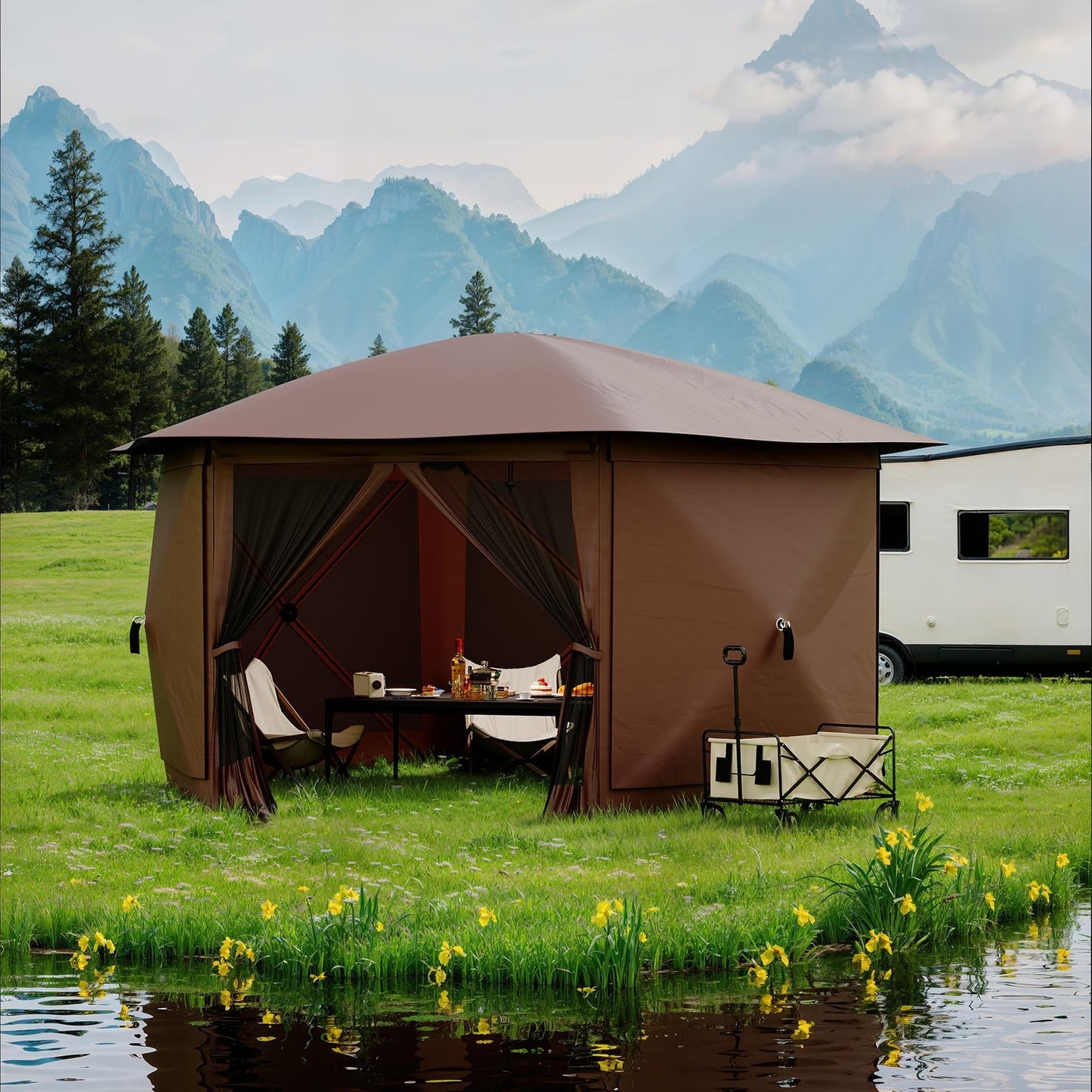 GarveeLife 11.5x11.5FT 6-Sided Pop Up Gazebo Tent，One-Push Setup Canopy Tent with Mesh Panels & Removable Wind Cloths, Outdoor shelter for Camping, Backyard Parties, Outdoor Events - Beige & Khaki