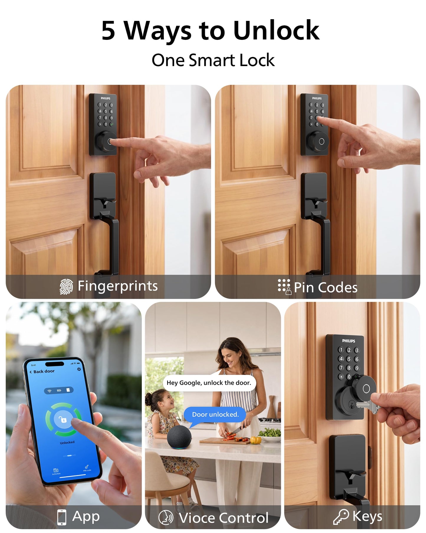 Philips Wi-Fi Smart Door Lock with Handle Set, Keypad Deadbolt for Front Door, Fingerprint Keyless Entry Door Lock with App Remote Control, IP53 Waterproof, Auto Lock, Security Easy Installation